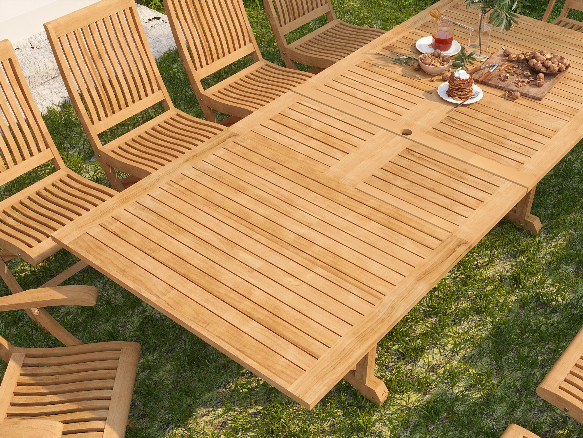 Devon 9-Piece Rectangular Teak Outdoor Family Dining Set with Extendable Table and Folding Chairs - Image 3