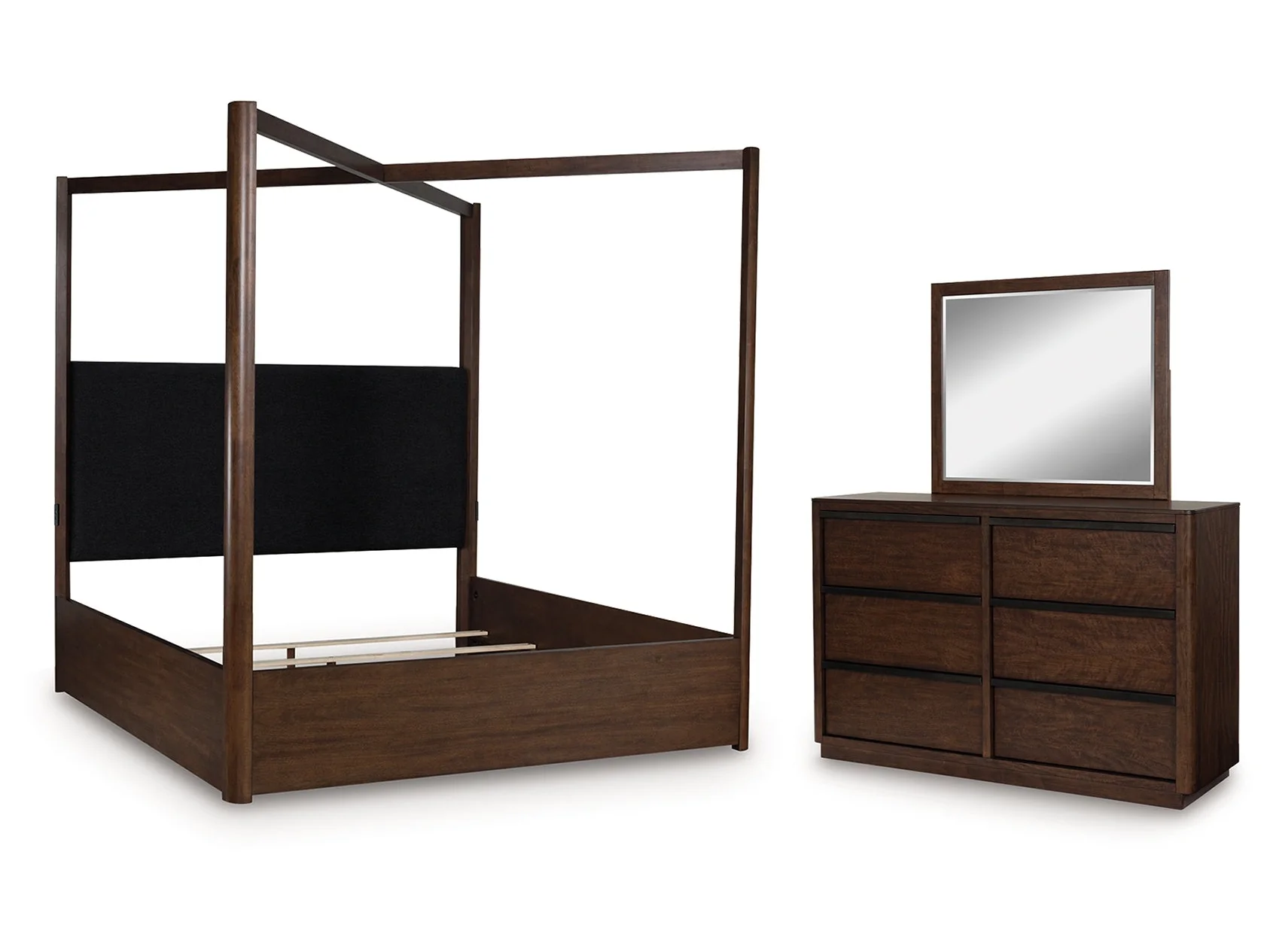 Dilenno Dark Brown Queen Canopy Bed, Dresser and Mirror (Online Special Price)