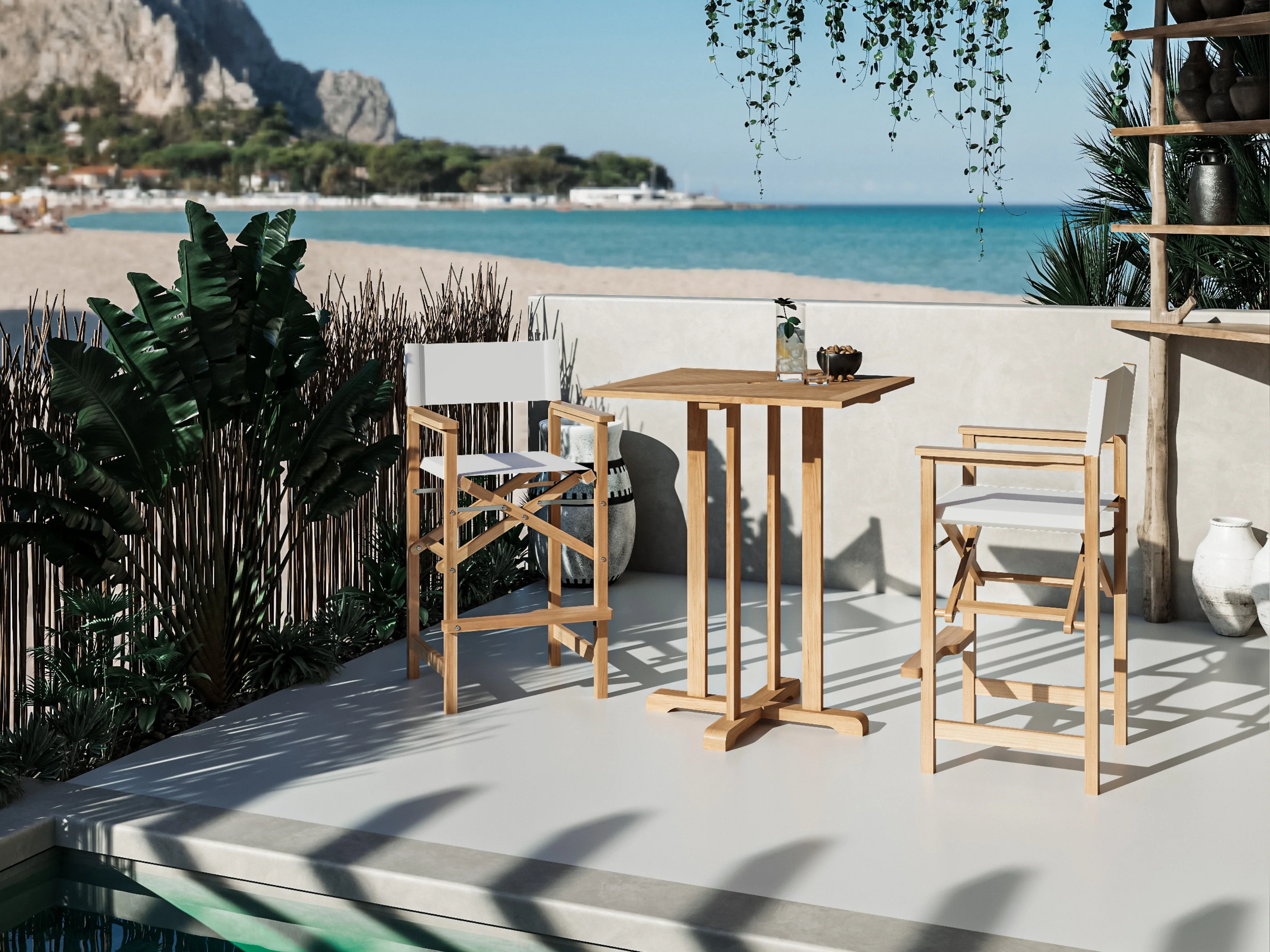 Director 3-Piece Square Teak White Outdoor Bar Height Dining Set with Folding Armchairs