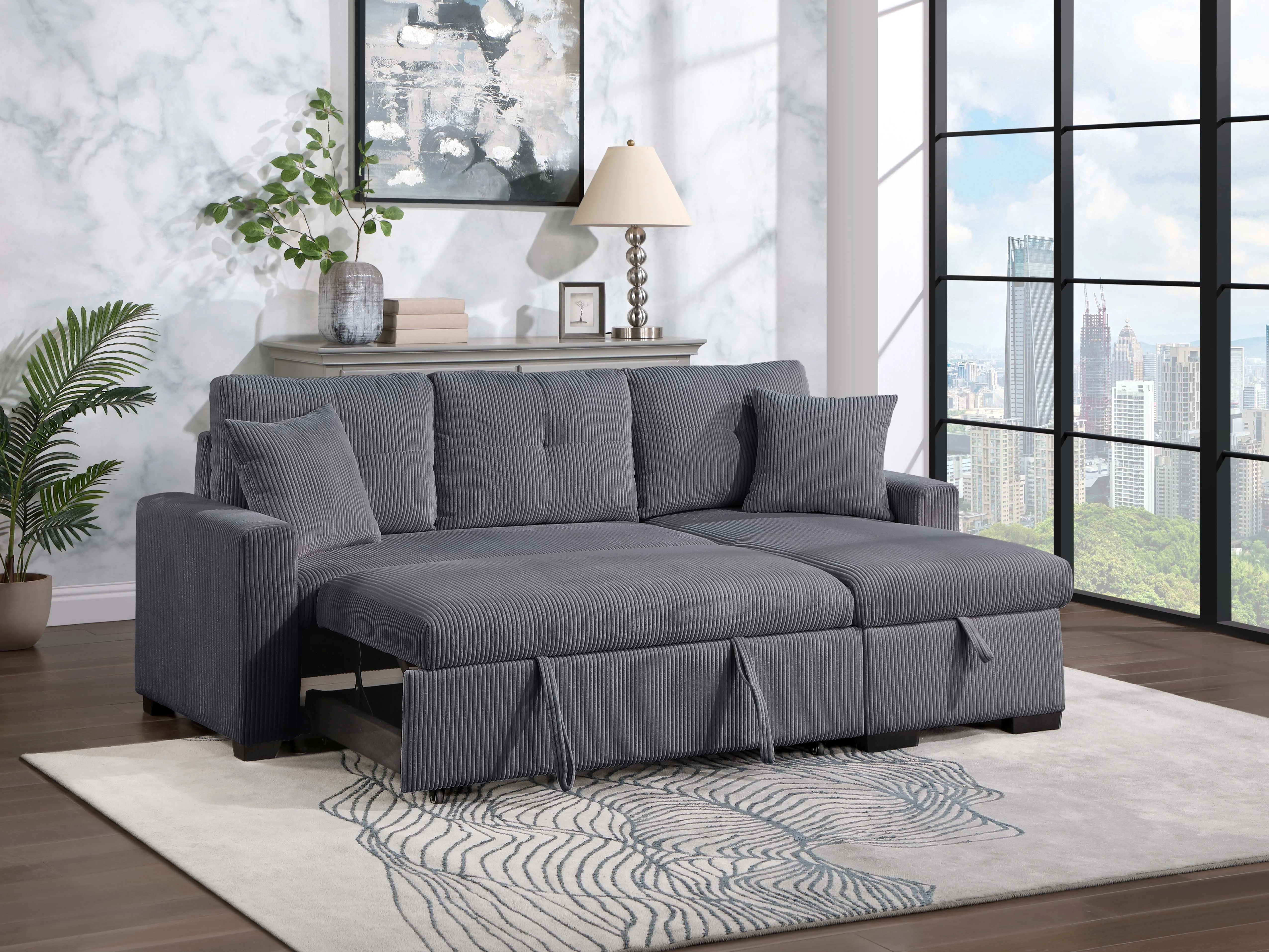 Dorset Dark Gray Pull Out Sofa Bed w/ Reversible Storage Chaise - Image 2