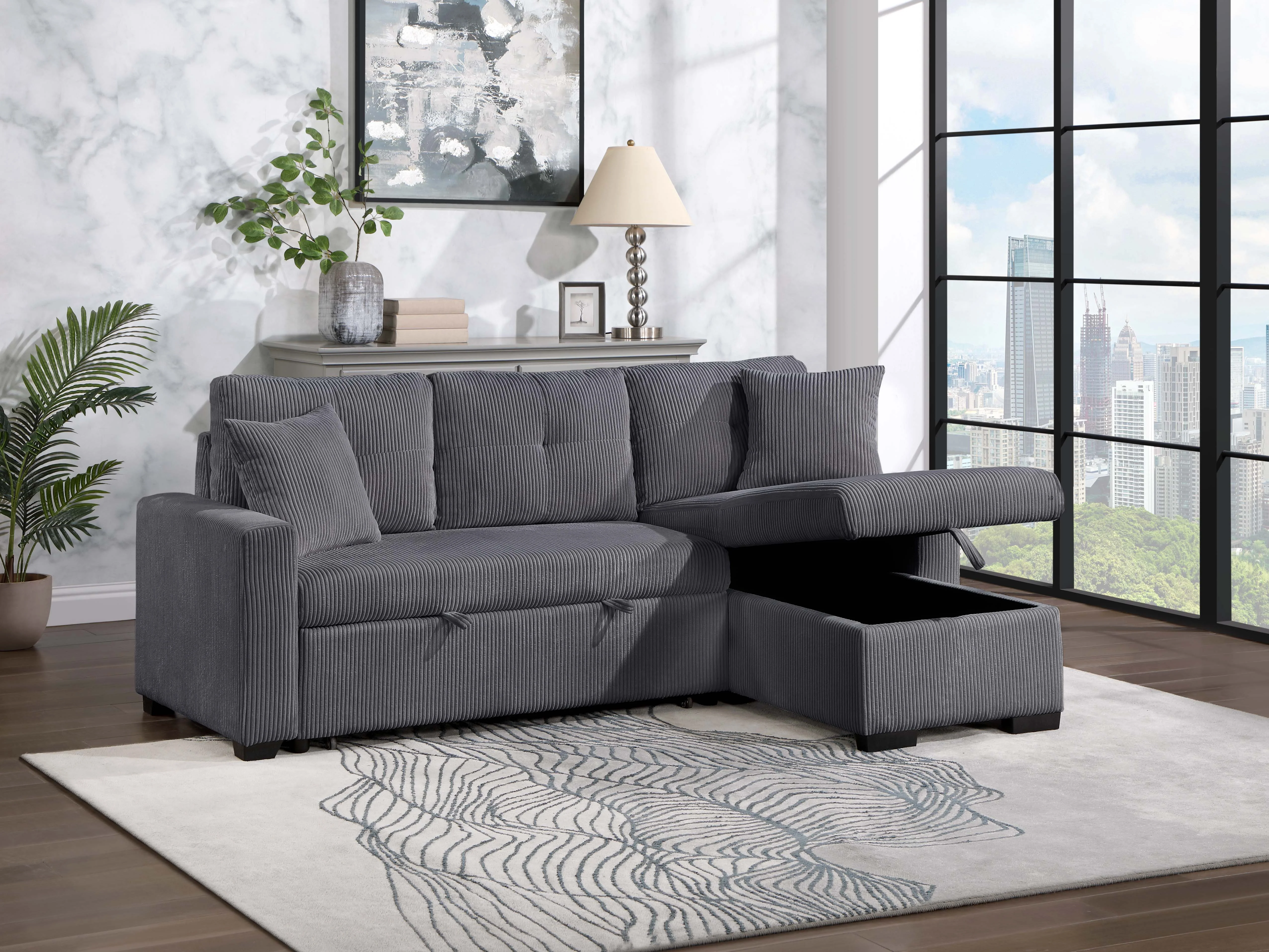 Dorset Dark Gray Pull Out Sofa Bed w/ Reversible Storage Chaise - Image 3