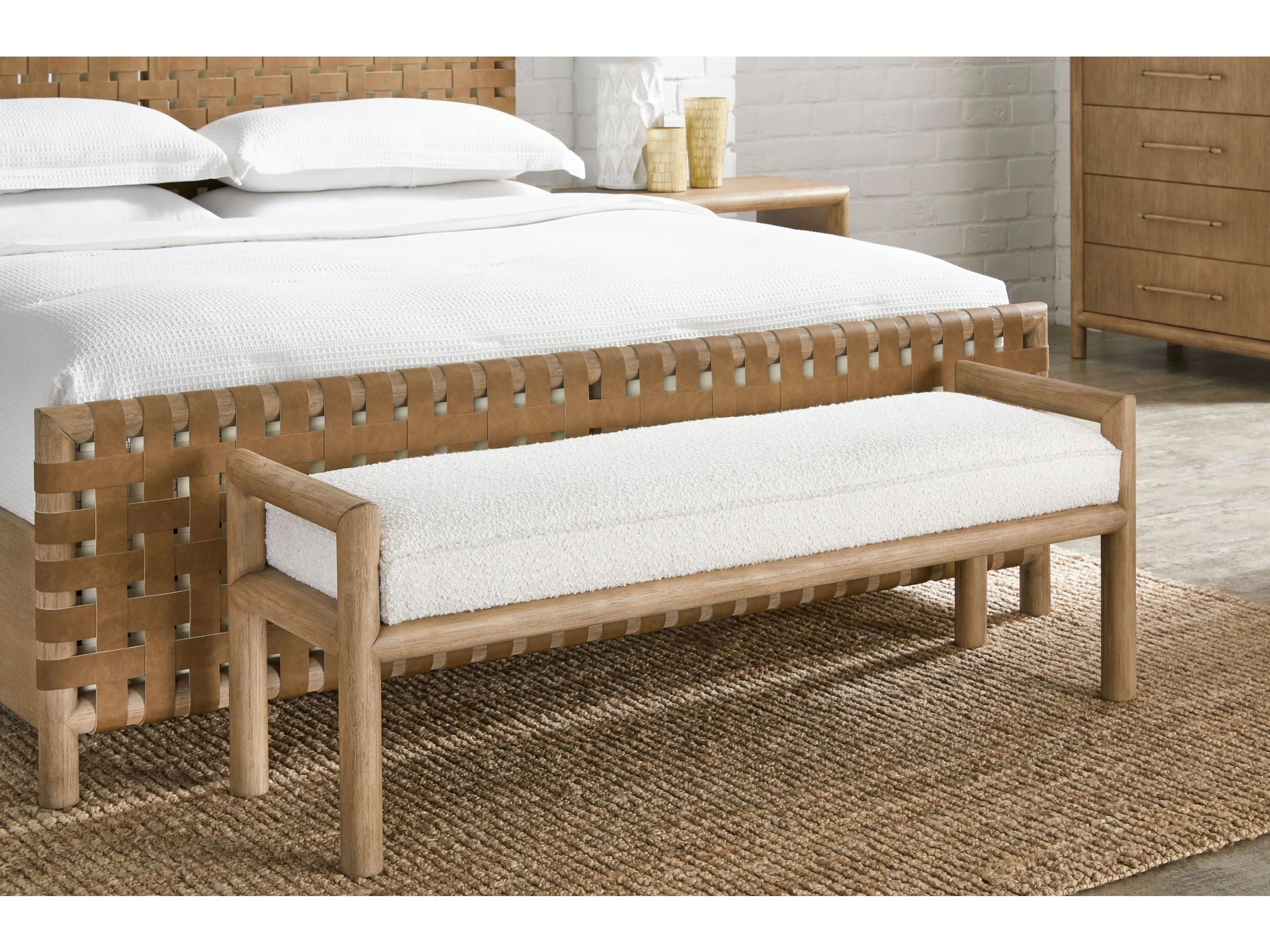 Dorsey Granola/Ricotta Boucle Upholstered Wooden Bench