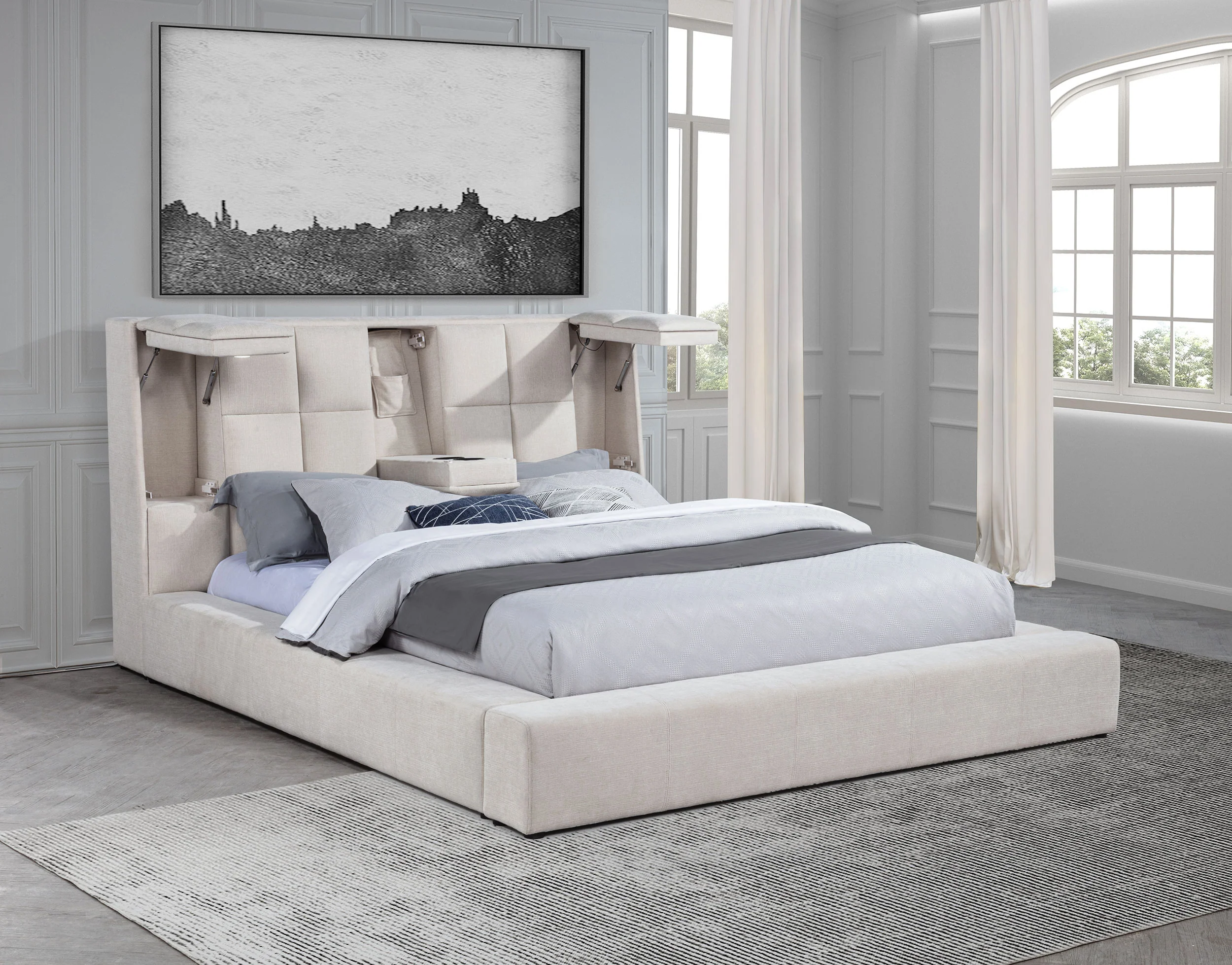 Dreux Cream Upholstered Eastern King Panel Platform Bed - Image 3