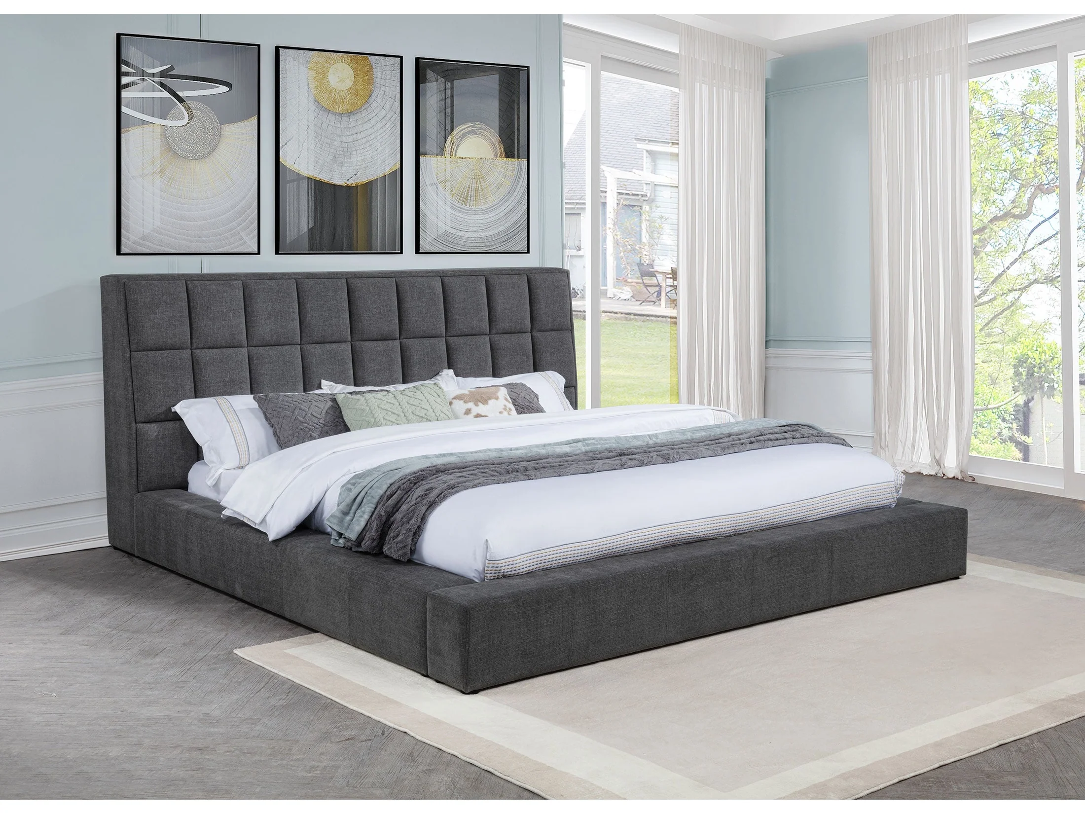 Dreux Grey Upholstered Eastern King Panel Platform Bed