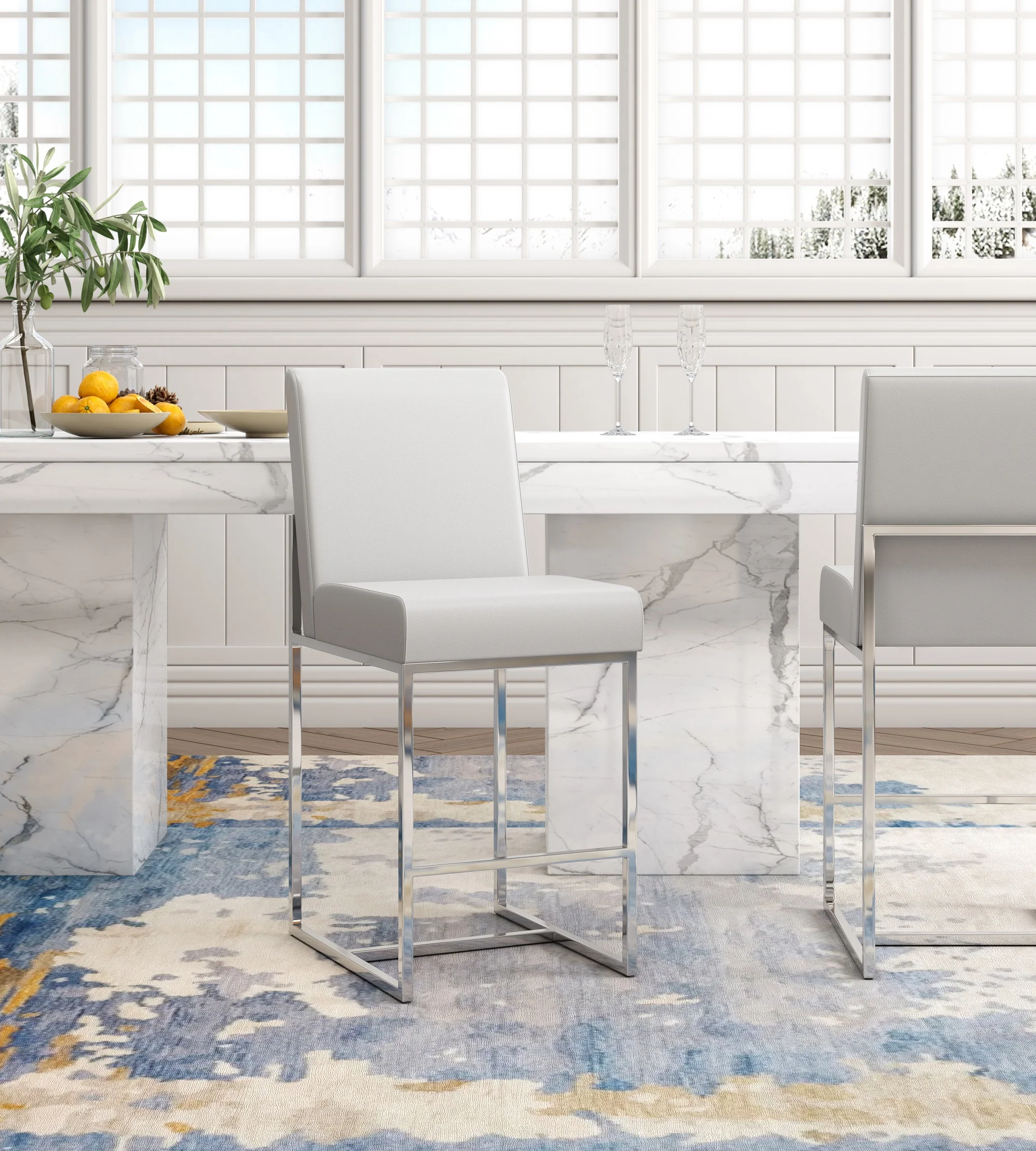 Element Faux Leather Bar Stool in Pearl White and Polished Chrome (set of 2) - Image 2
