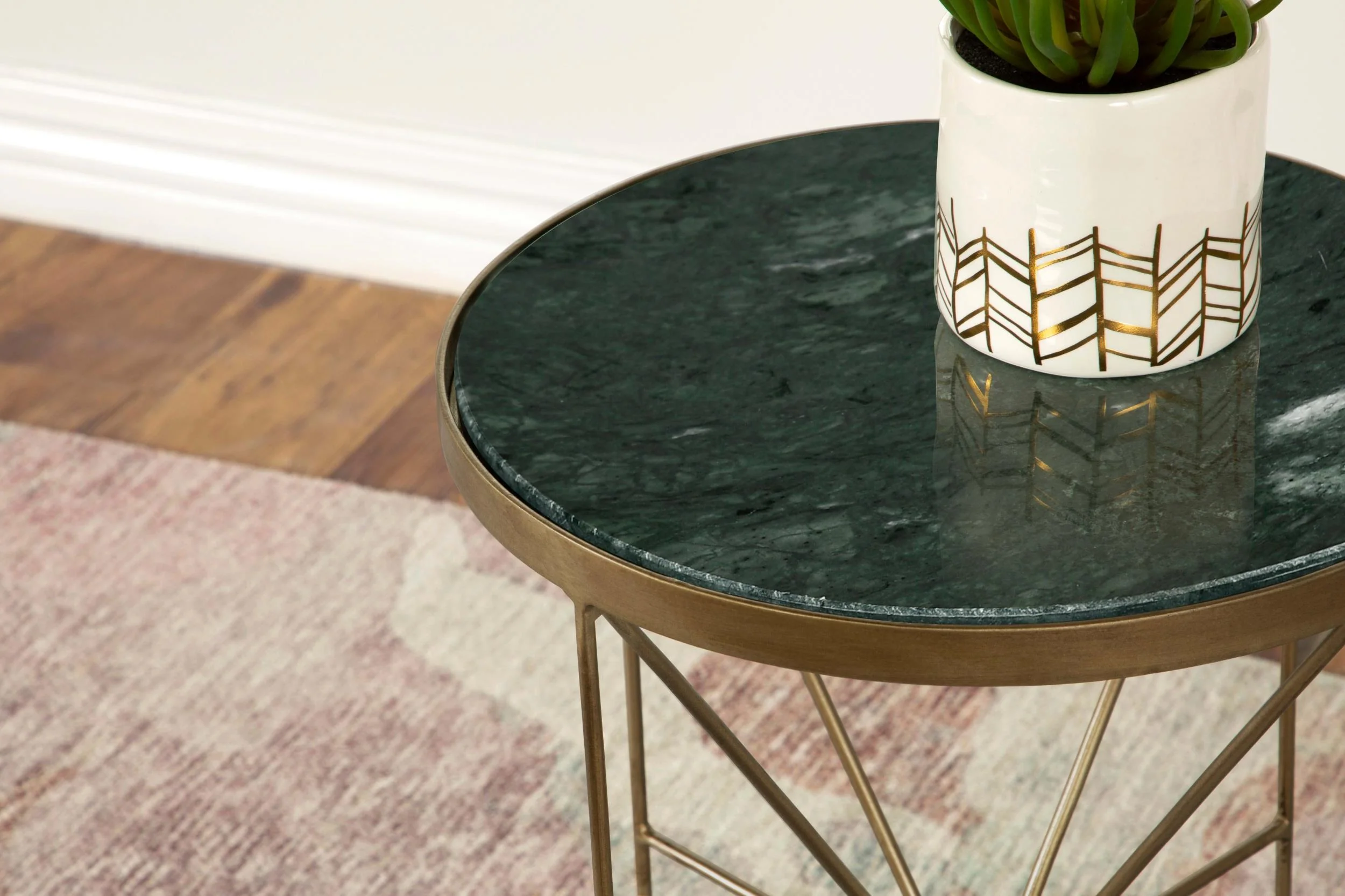 Eliska Antique Gold Round Green Marble Top Accent Side Table - Image 5