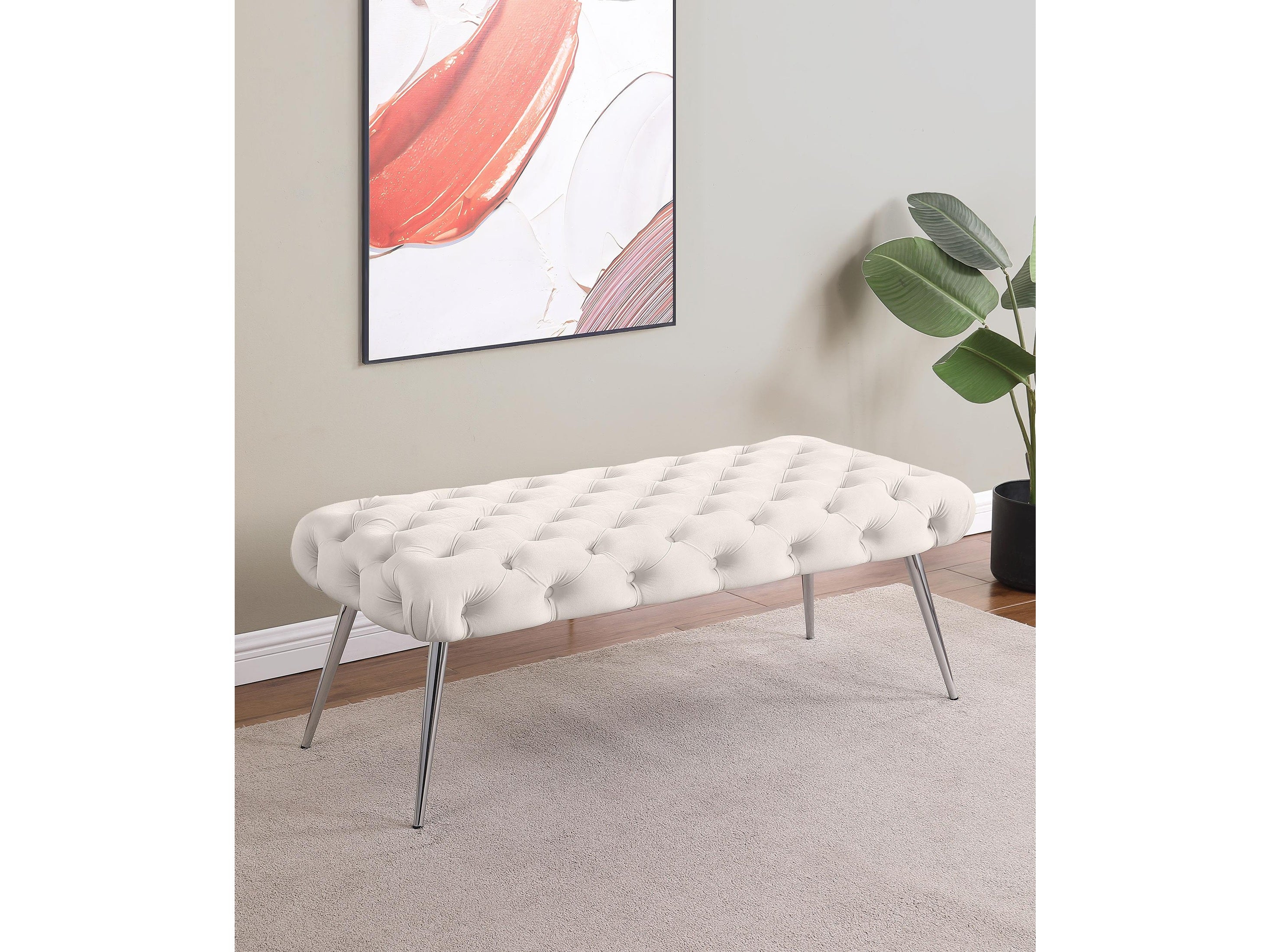 Ella Ivory Upholstered Tufted Bench Stainless Steel Legs