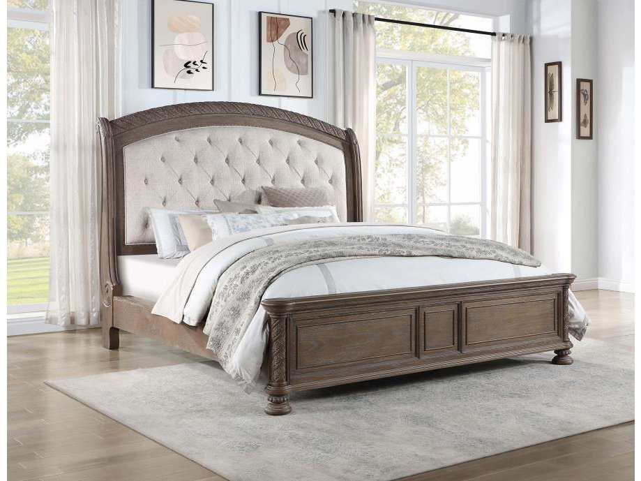 Emmett Walnut & Beige Tufted Headboard Queen Panel Bed