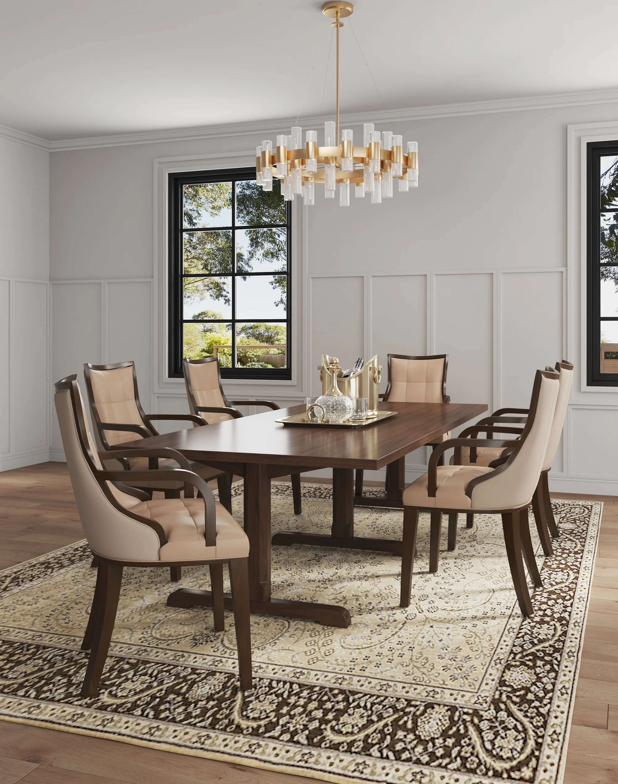 Fifth Avenue Faux Leather and Velvet Dining Armchair in Tan and Walnut - Image 2
