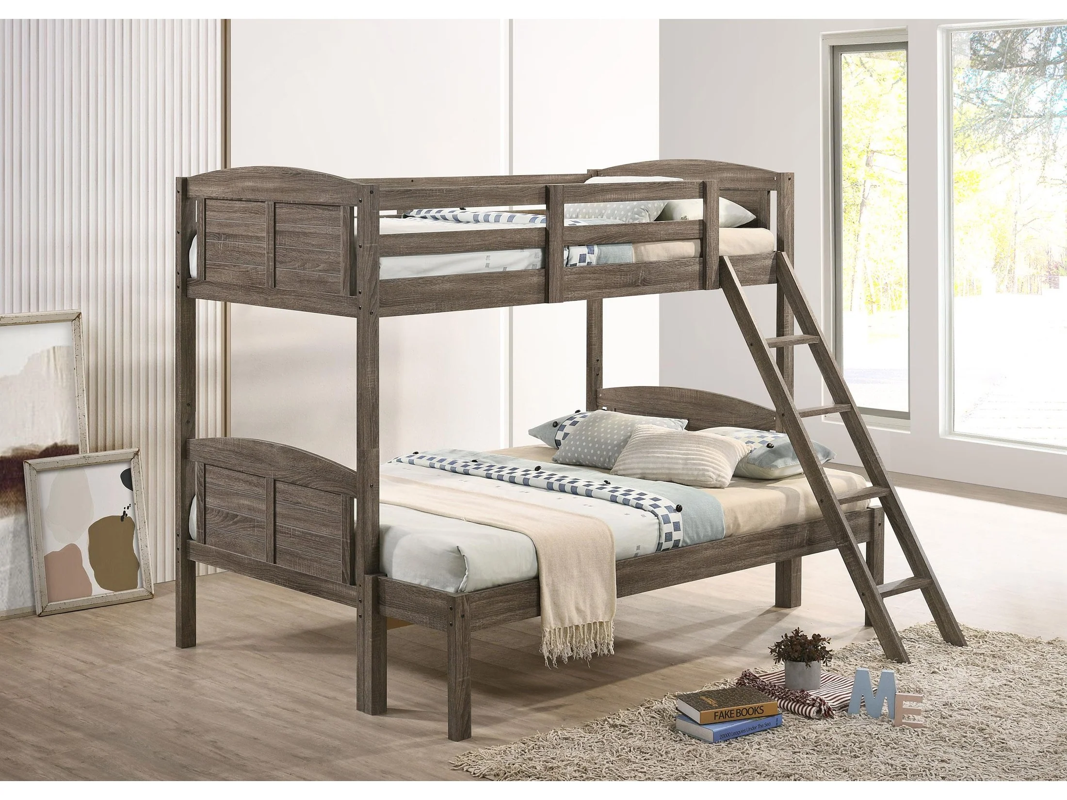 Flynn Weathered Brown Wood Twin Over Full Bunk Bed with Mattress