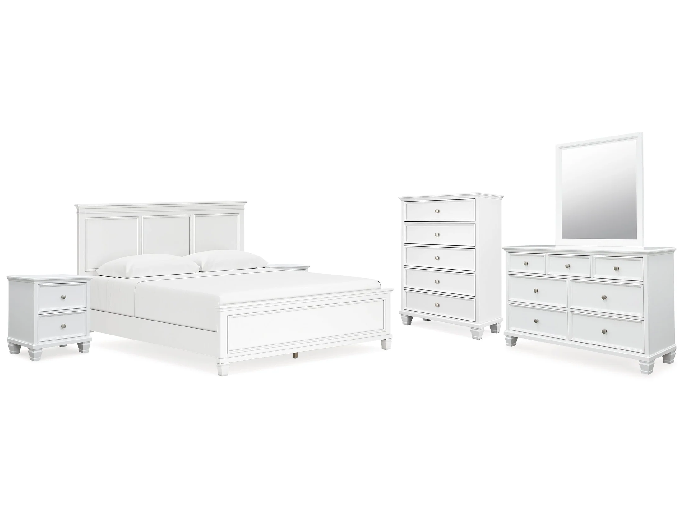 Fortman White King Panel Bedroom Set with Dresser, Mirror, Chest and 2 Nightstands