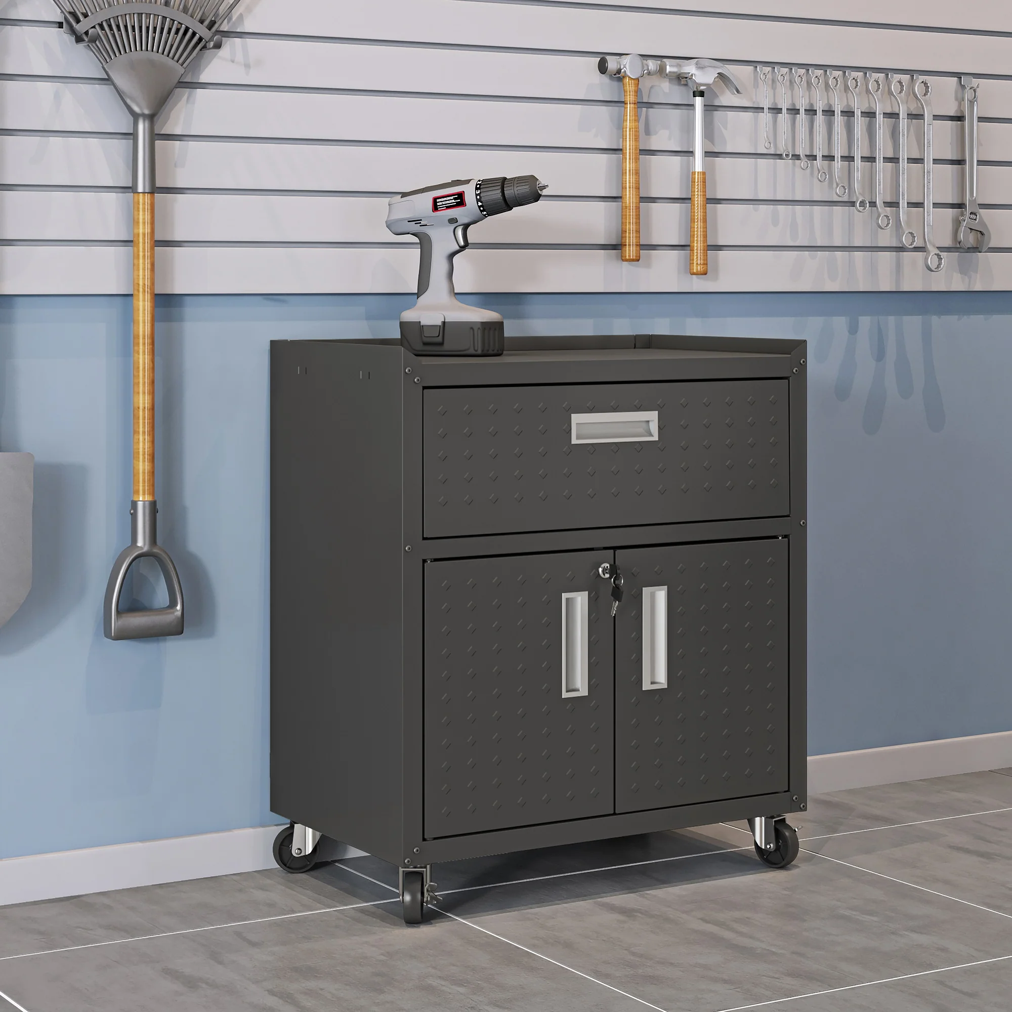 Fortress 31.5" Mobile Garage Cabinet with Drawer and Shelves in Charcoal Grey - Image 2