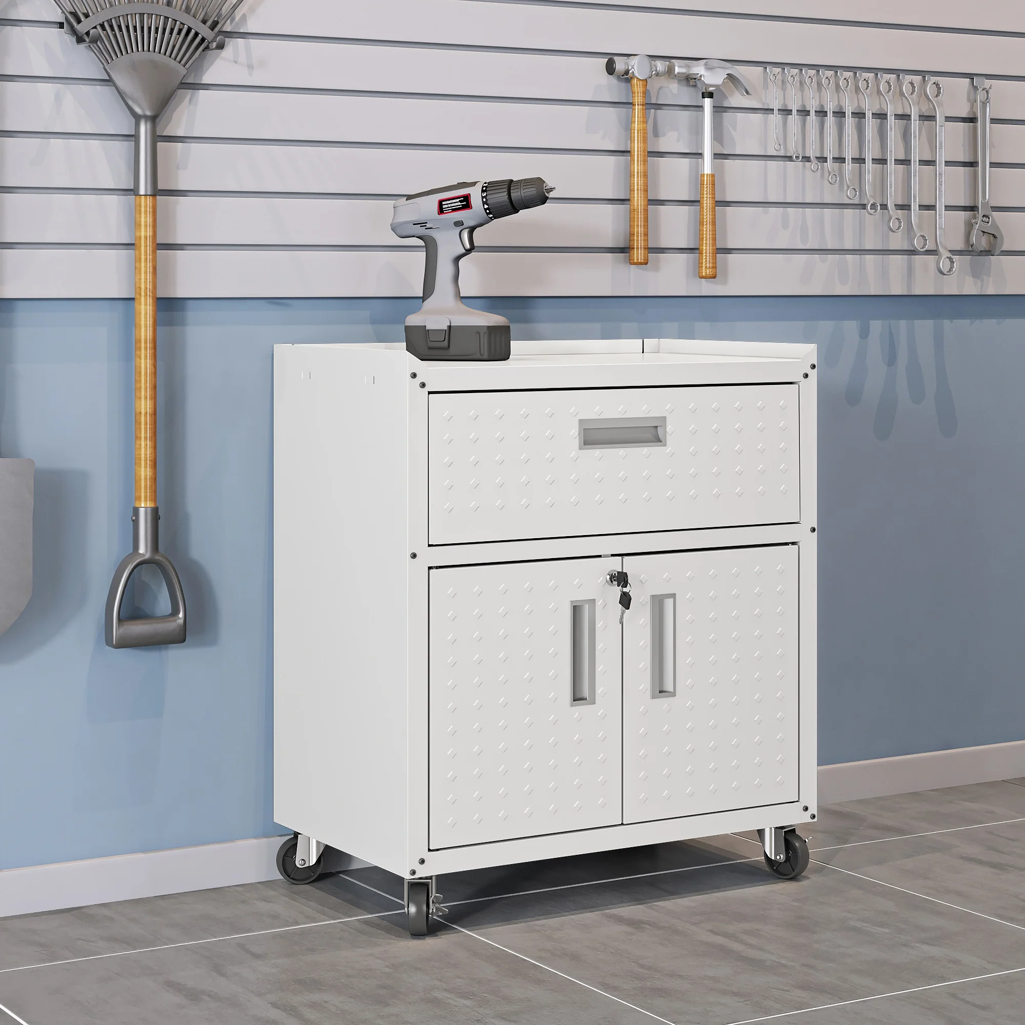 Fortress 31.5" Mobile Garage Cabinet with Drawer and Shelves in White - Image 2