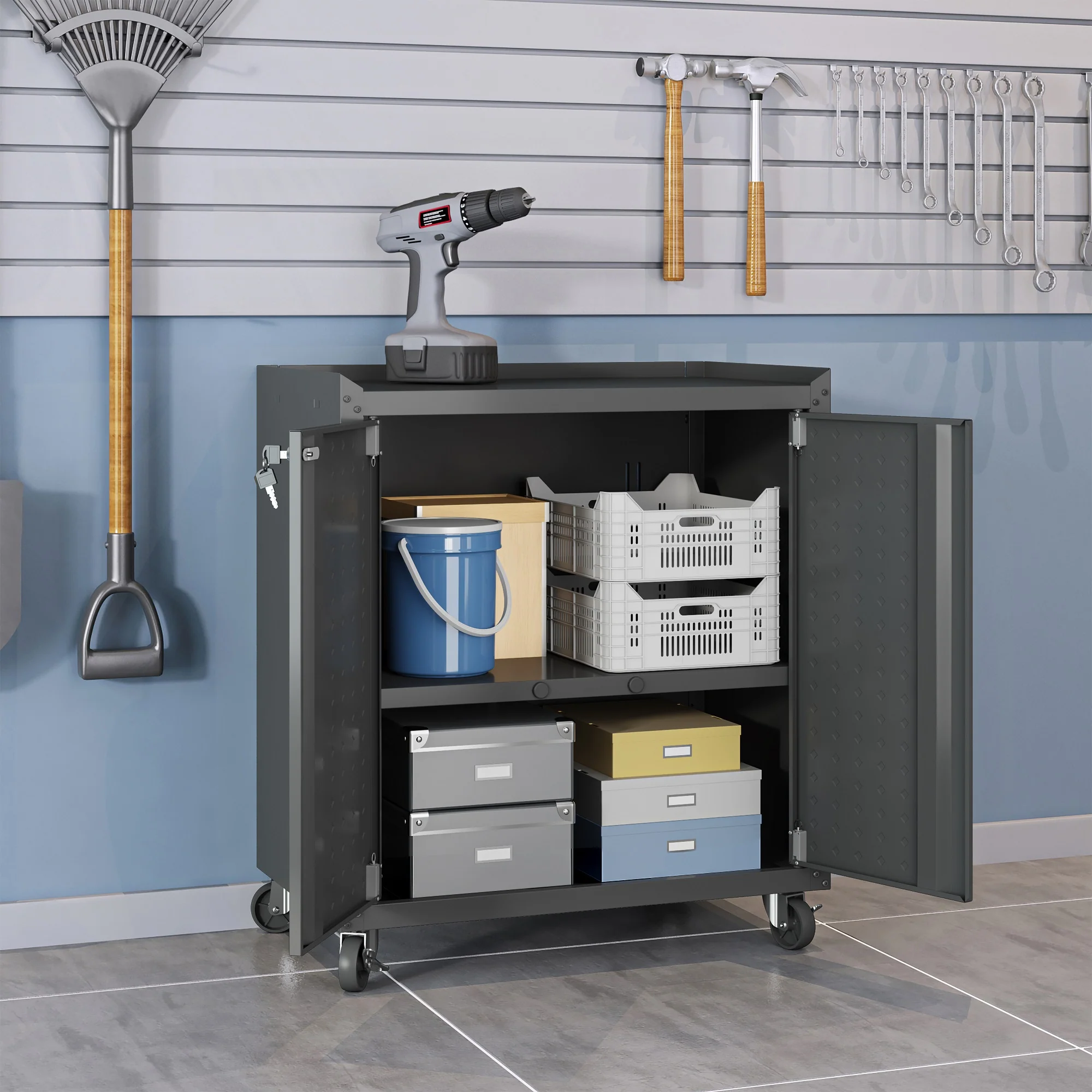Fortress 31.5" Mobile Garage Cabinet with Shelves in Charcoal Grey - Image 4
