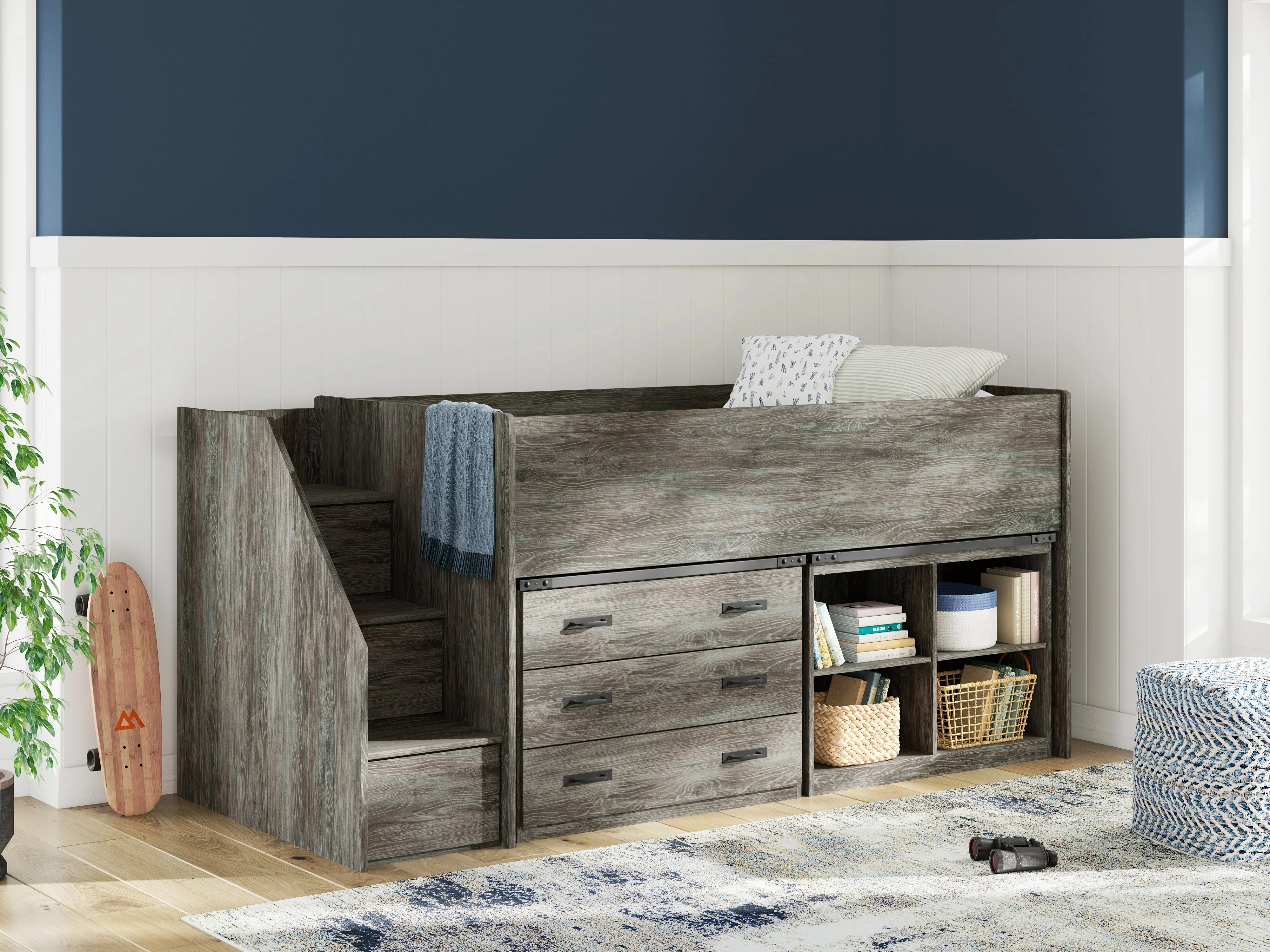 Frandern Gray Twin Loft Bed with Bookcase and Drawer Storage (Online Special Price)