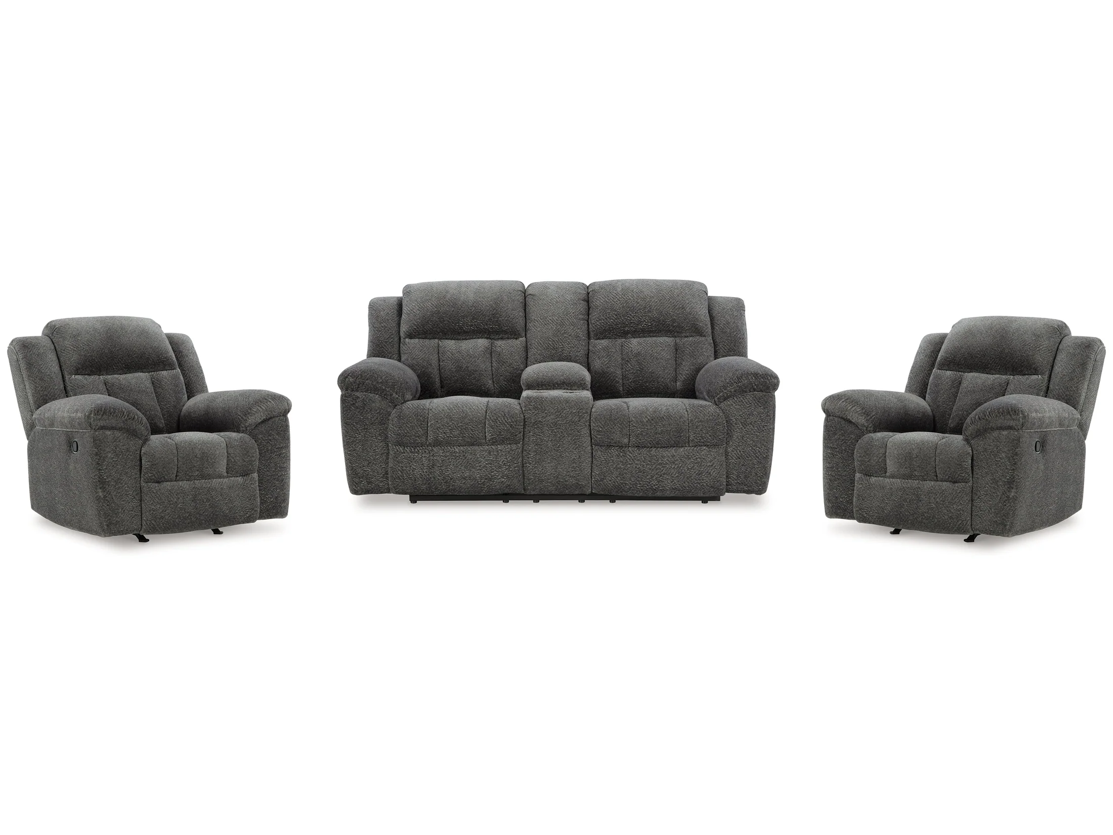 Frohn Graphite Reclining Loveseat with Console and 2 Recliners