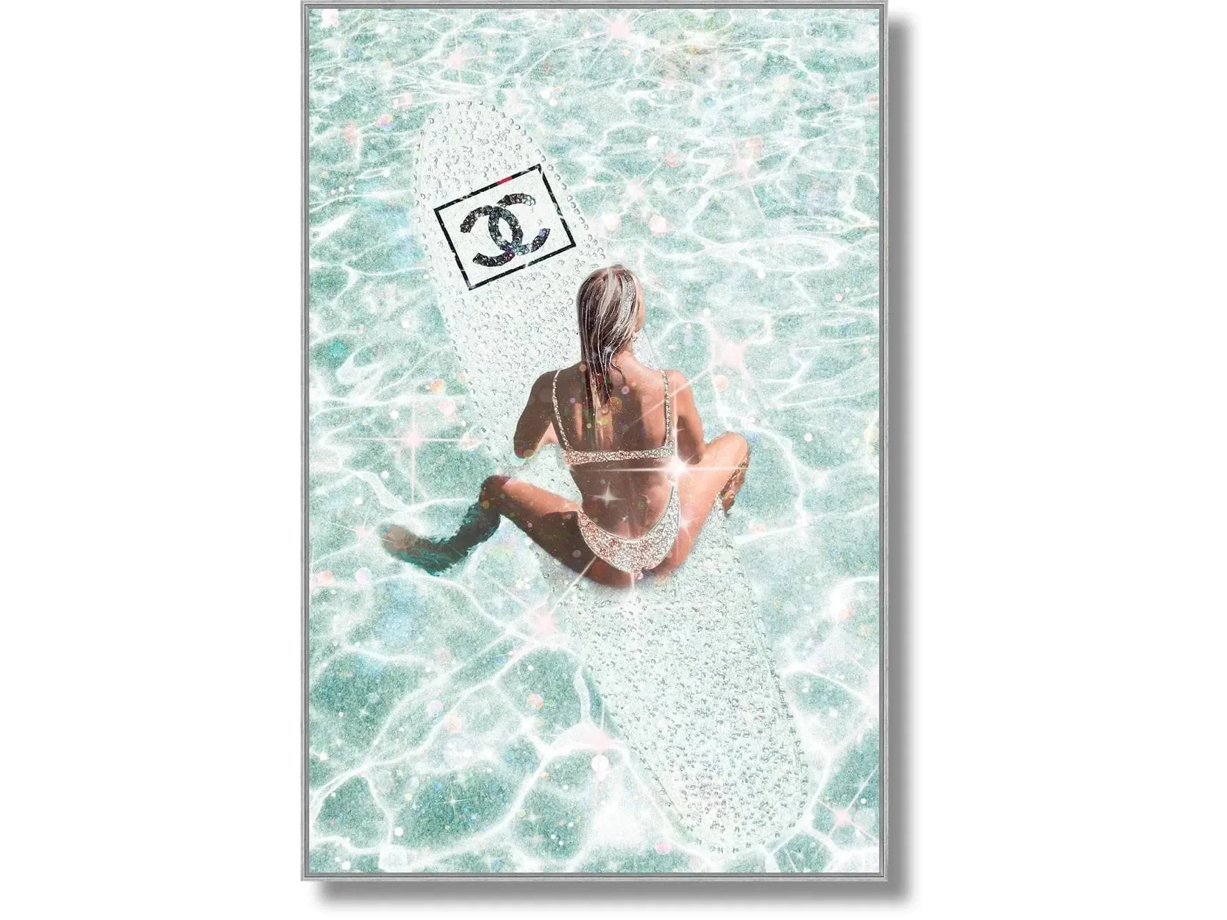 Glamorous Poolside Art Gloss w/ Foil & Rocks in Frame Wall Art