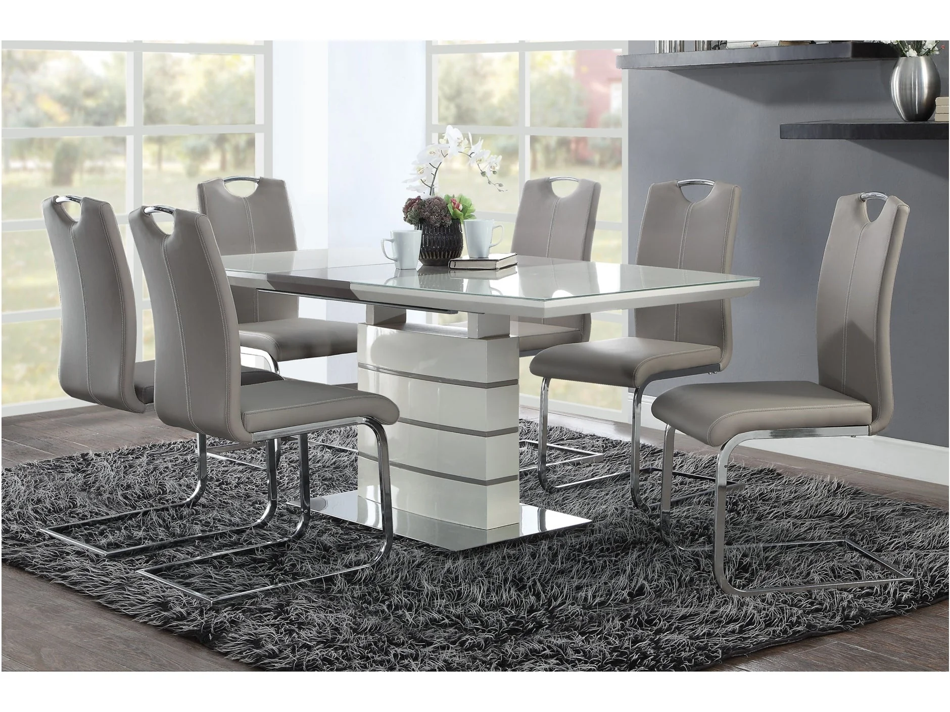 Glissand High Gloss White/Gray-Taupe 7-Piece Dining Table Set