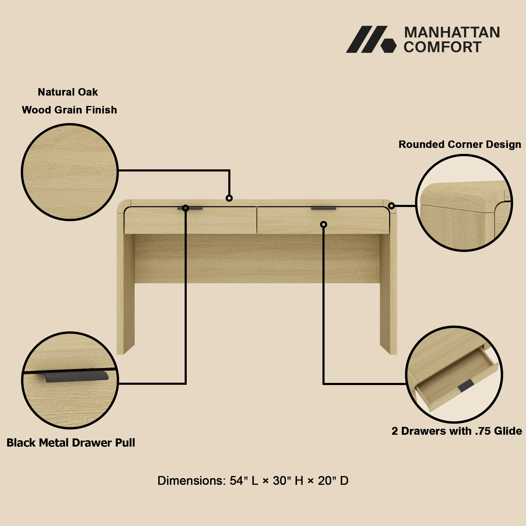 Grace 54" Home Office Desk in Natural Oak and Black - Image 4