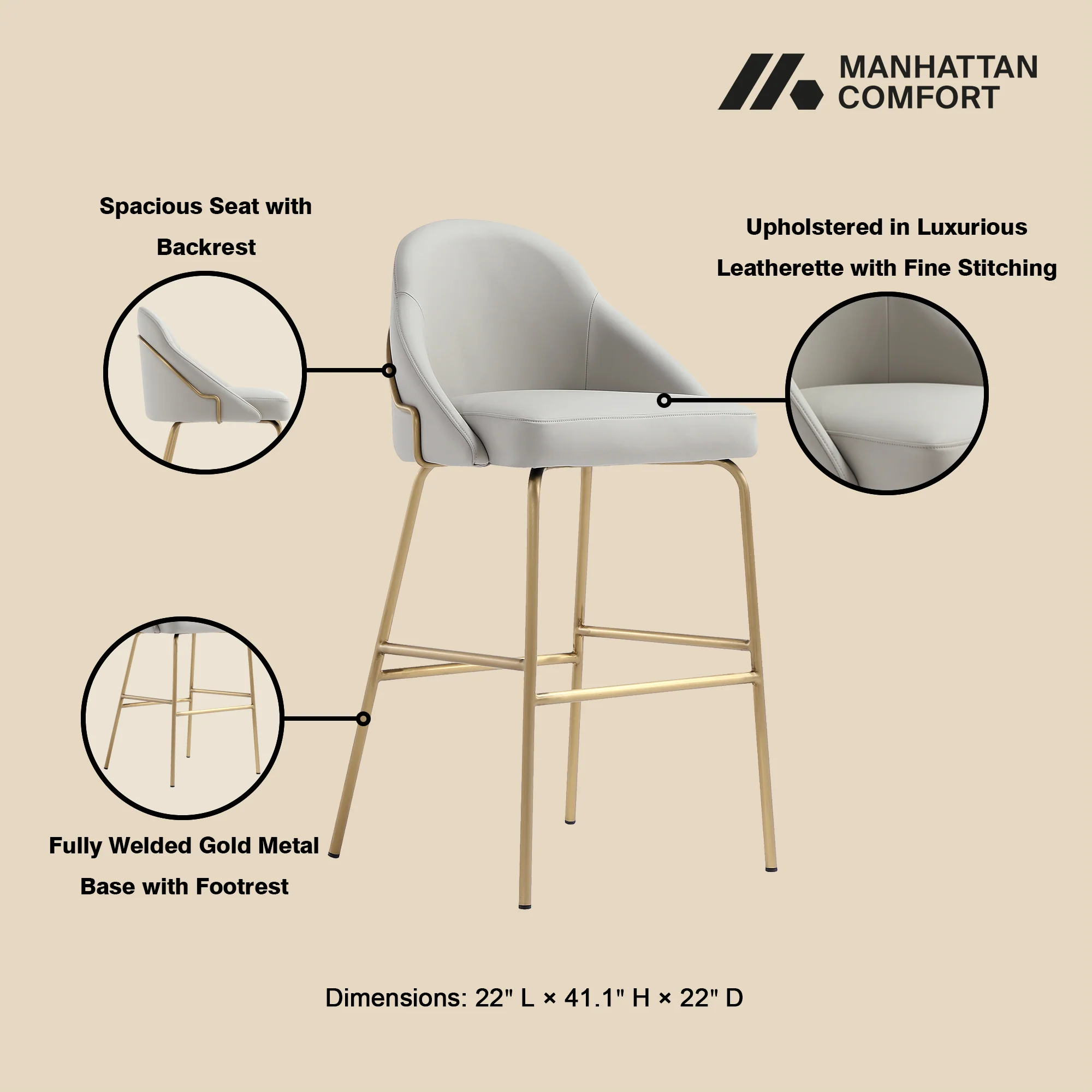 Gracie Barstool in Stone and Gold - Image 4