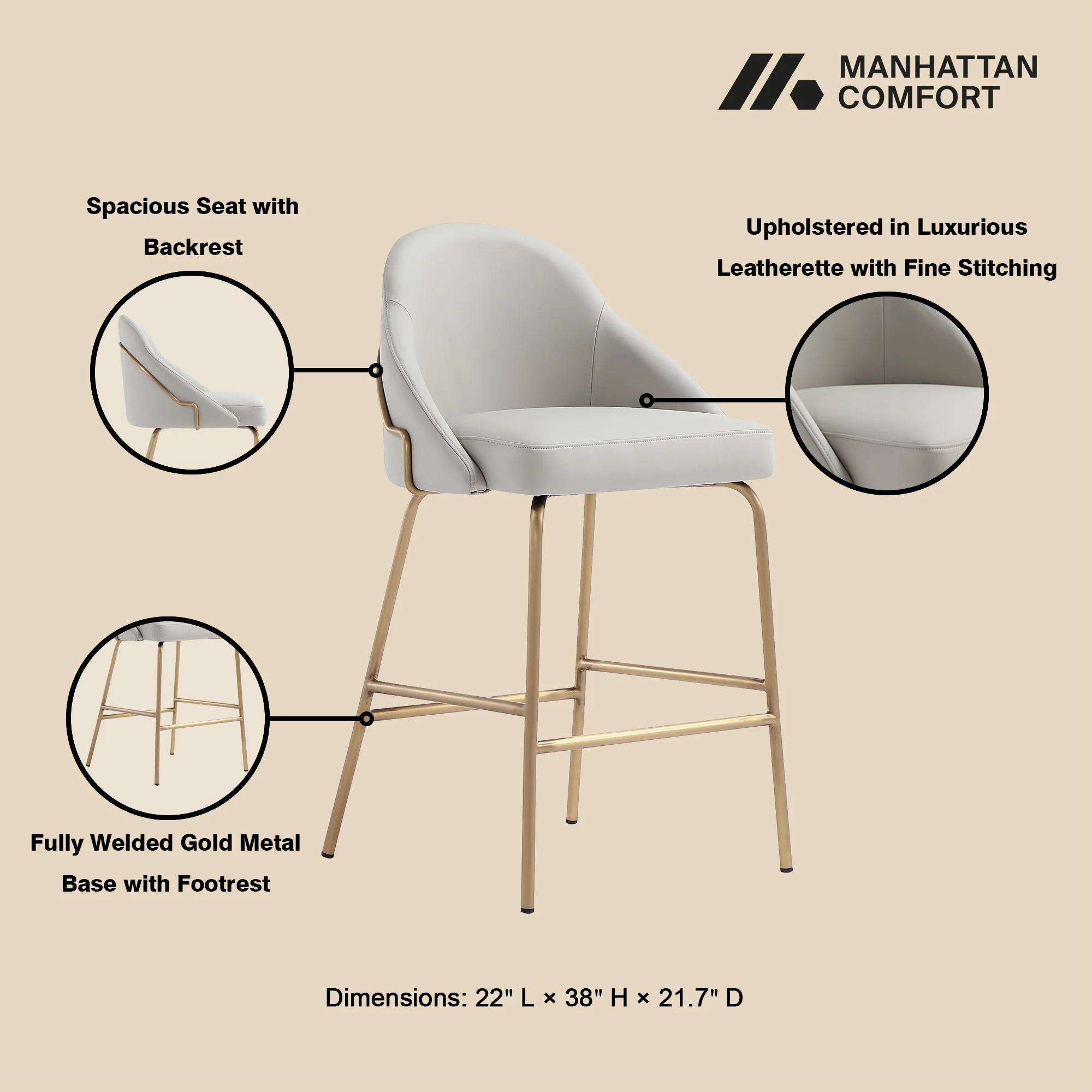 Gracie Counter Stool in Stone and Gold - Image 4