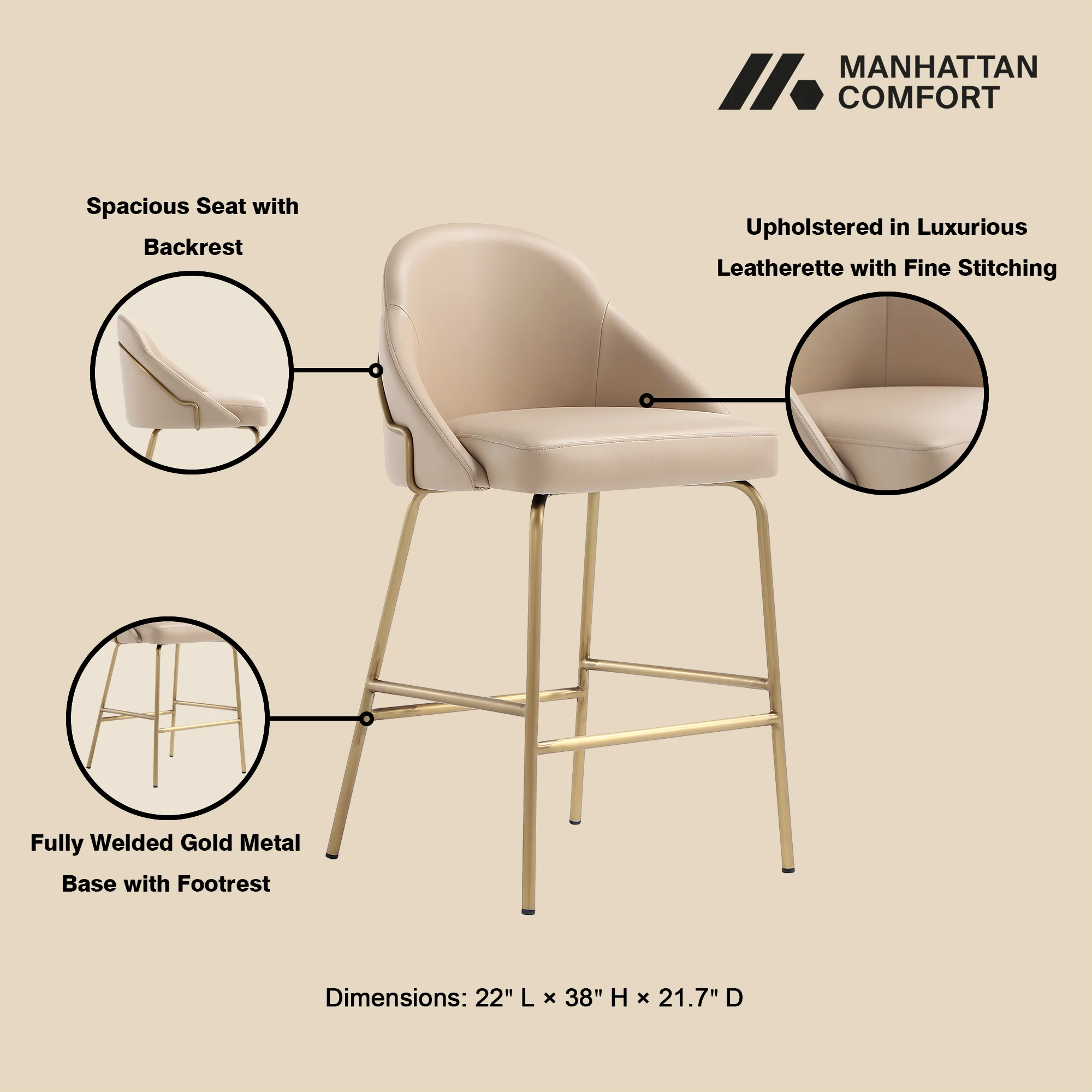 Gracie Counter Stool in Tan and Gold (set of 2) - Image 4