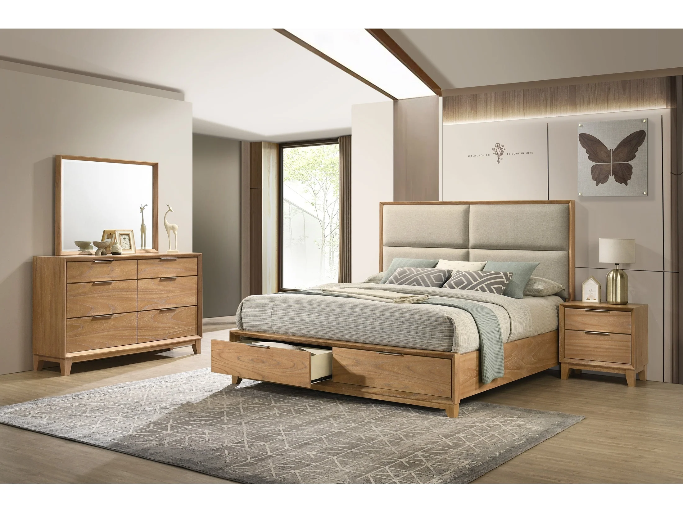 Florian Natural Upholstered Storage Platform Bedroom Set