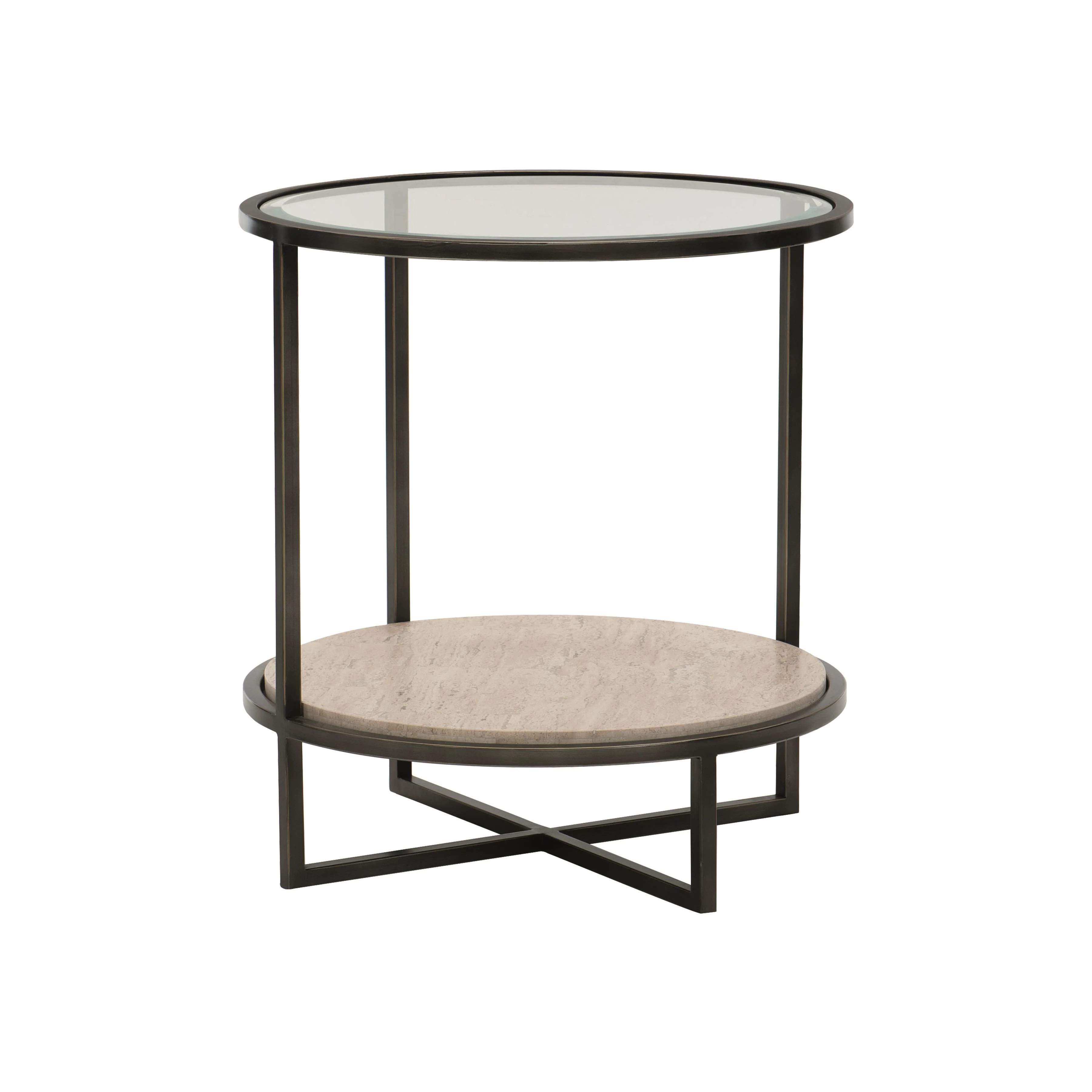 Harlow Raund White Travertine/Oil-Rubbed Bronze Side Table - Image 2
