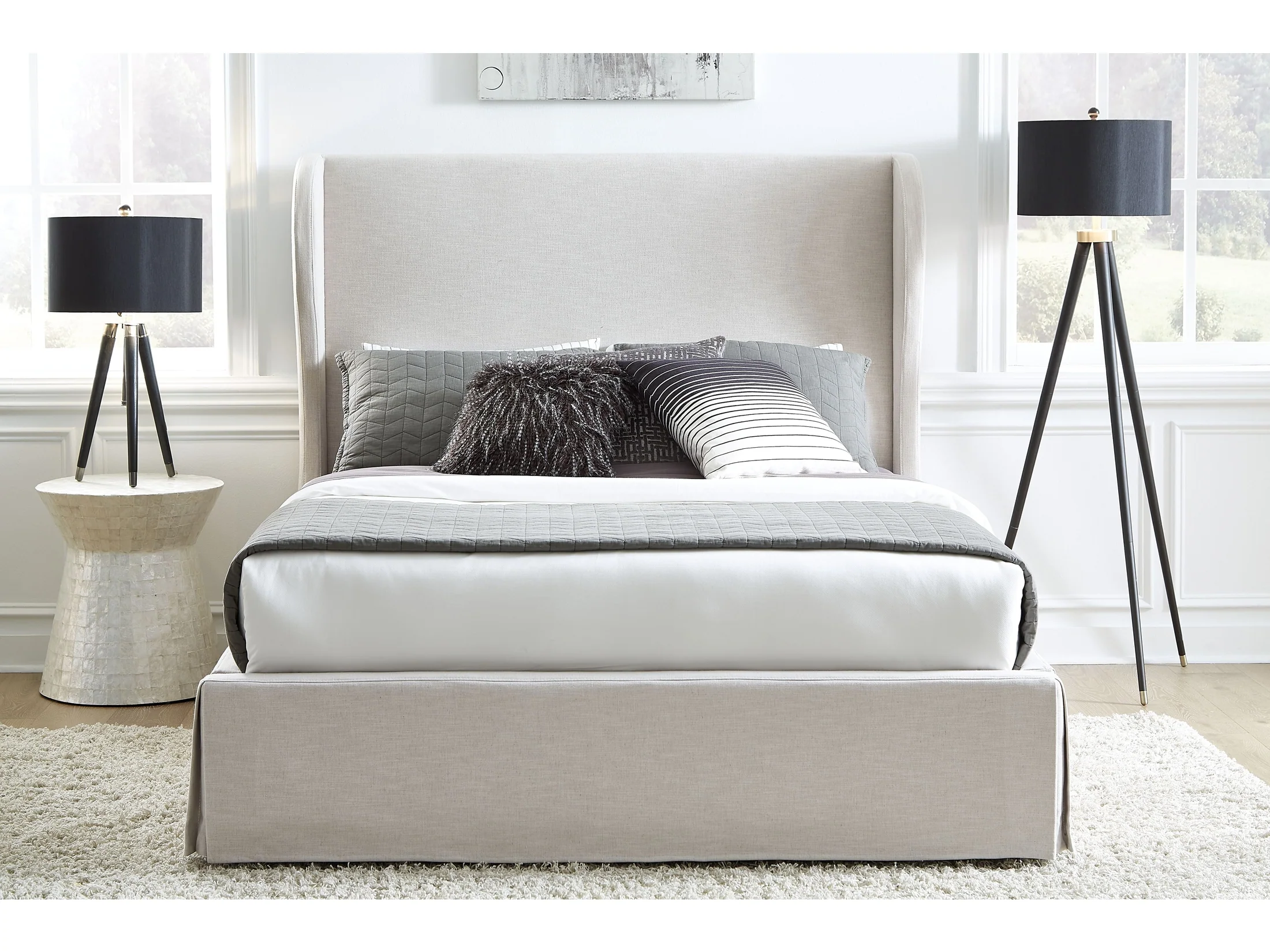 Hera Eastern King Skirted Footboard Storage Panel Bed in Oatmeal