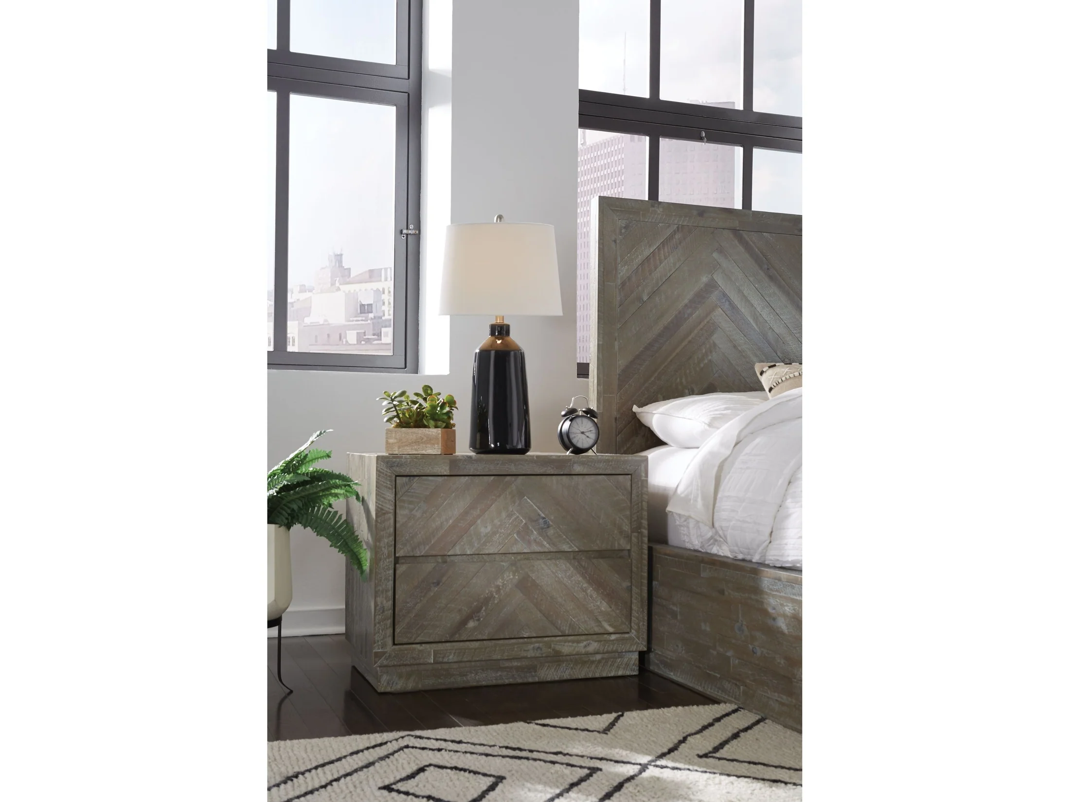 Herringbone Solid Wood Two Drawer Nightstand in Rustic Latte