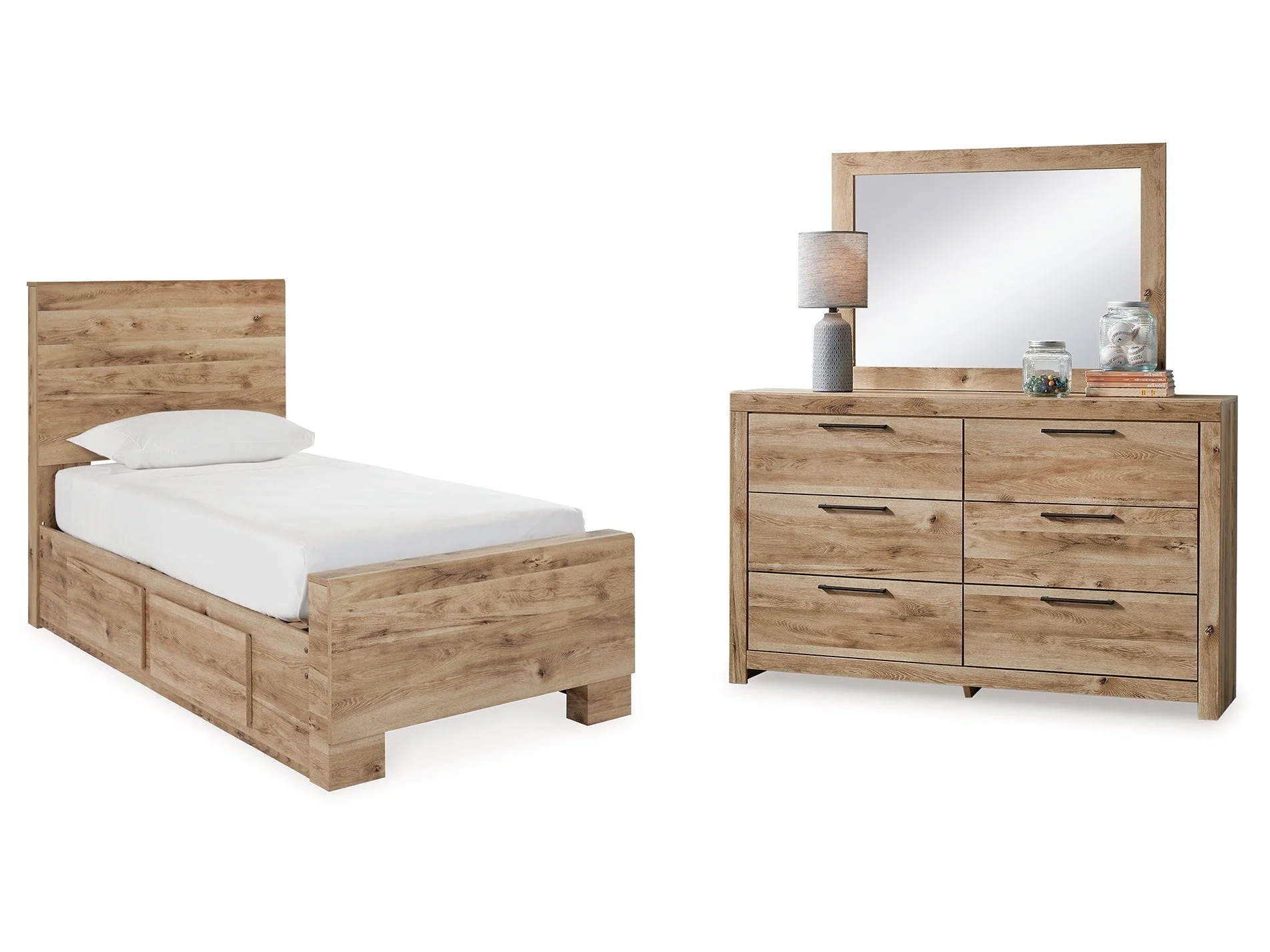 Hyanna Tan Brown Twin Panel Bedroom Set with 1 Side Storage, Dresser and Mirror (Online Special Price)