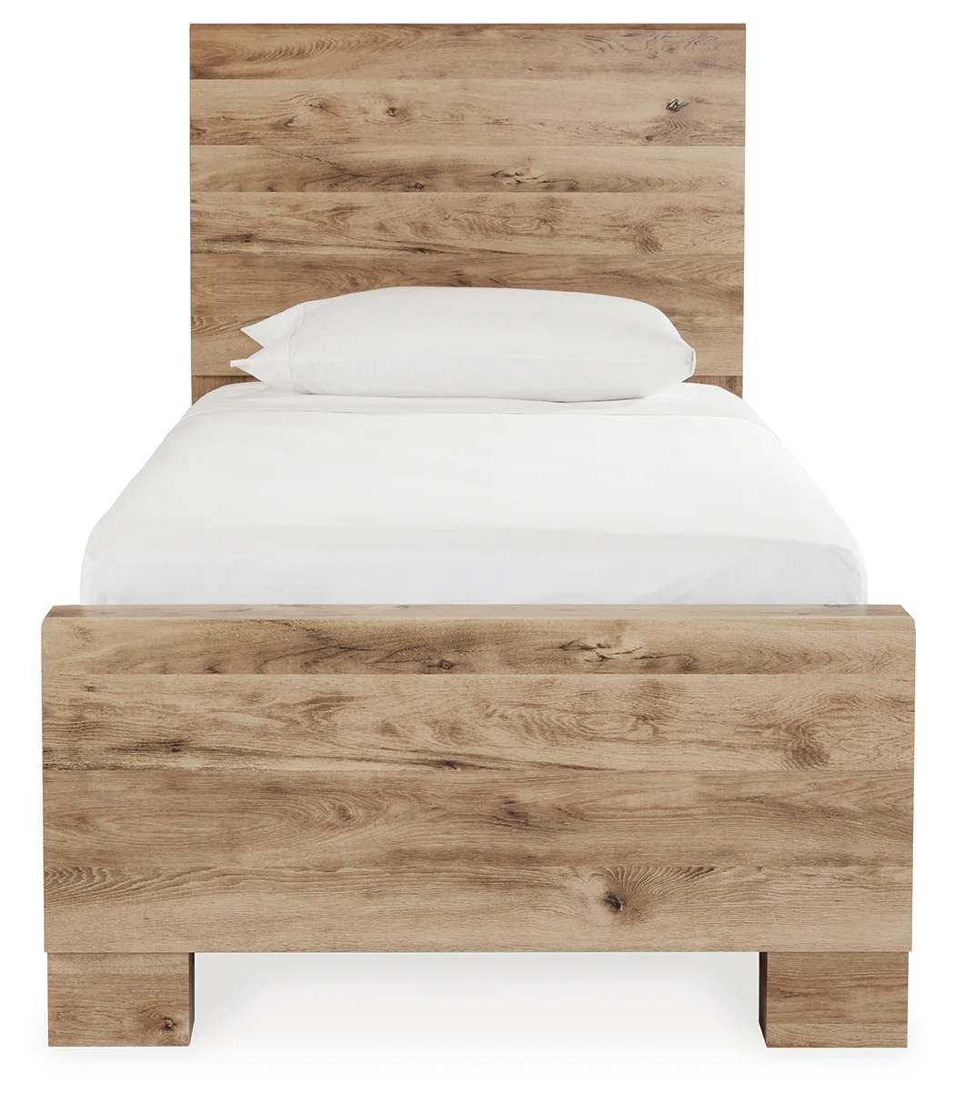 Hyanna Tan Brown Twin Panel Bedroom Set with 2 Side Storage, Dresser and Mirror - Image 5