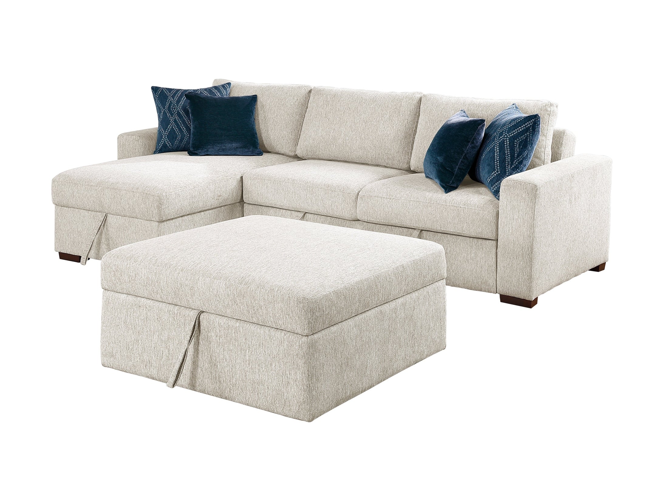 Isla Beige 3-Piece Sectional w/ Reversible Chaise and Pull-Out Bed & Ottoman
