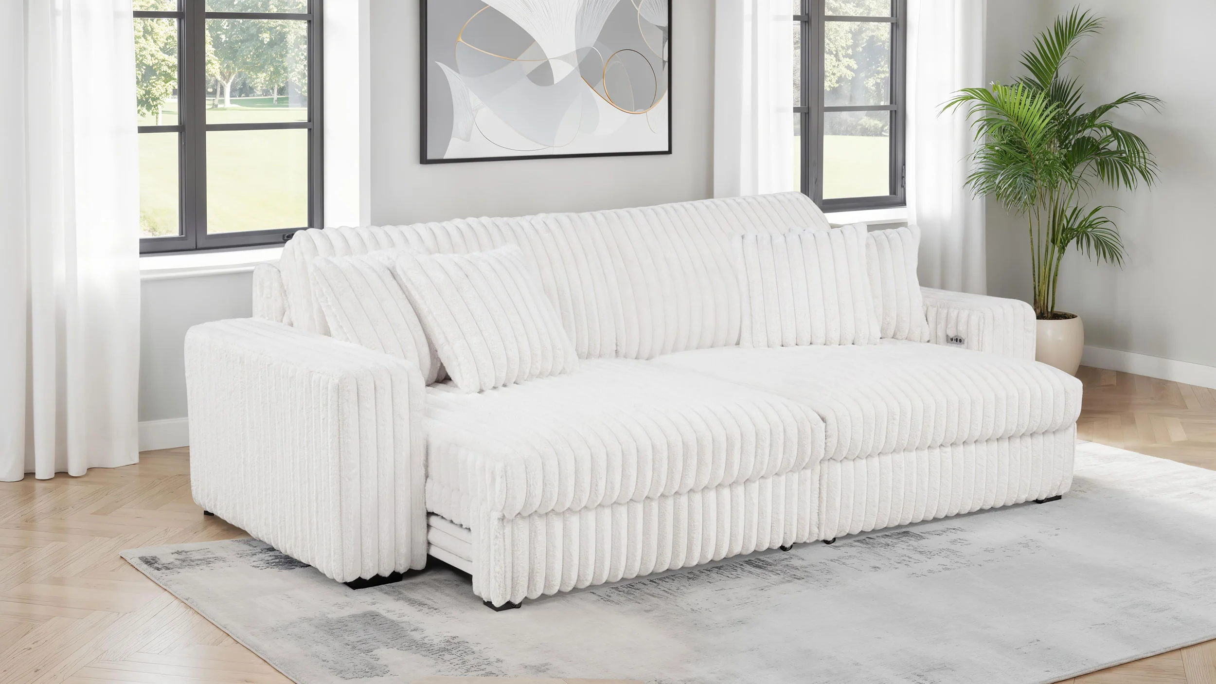 Jacana Ivory Corduroy Upholstered Dual Power Chaise Sofa - Image 2