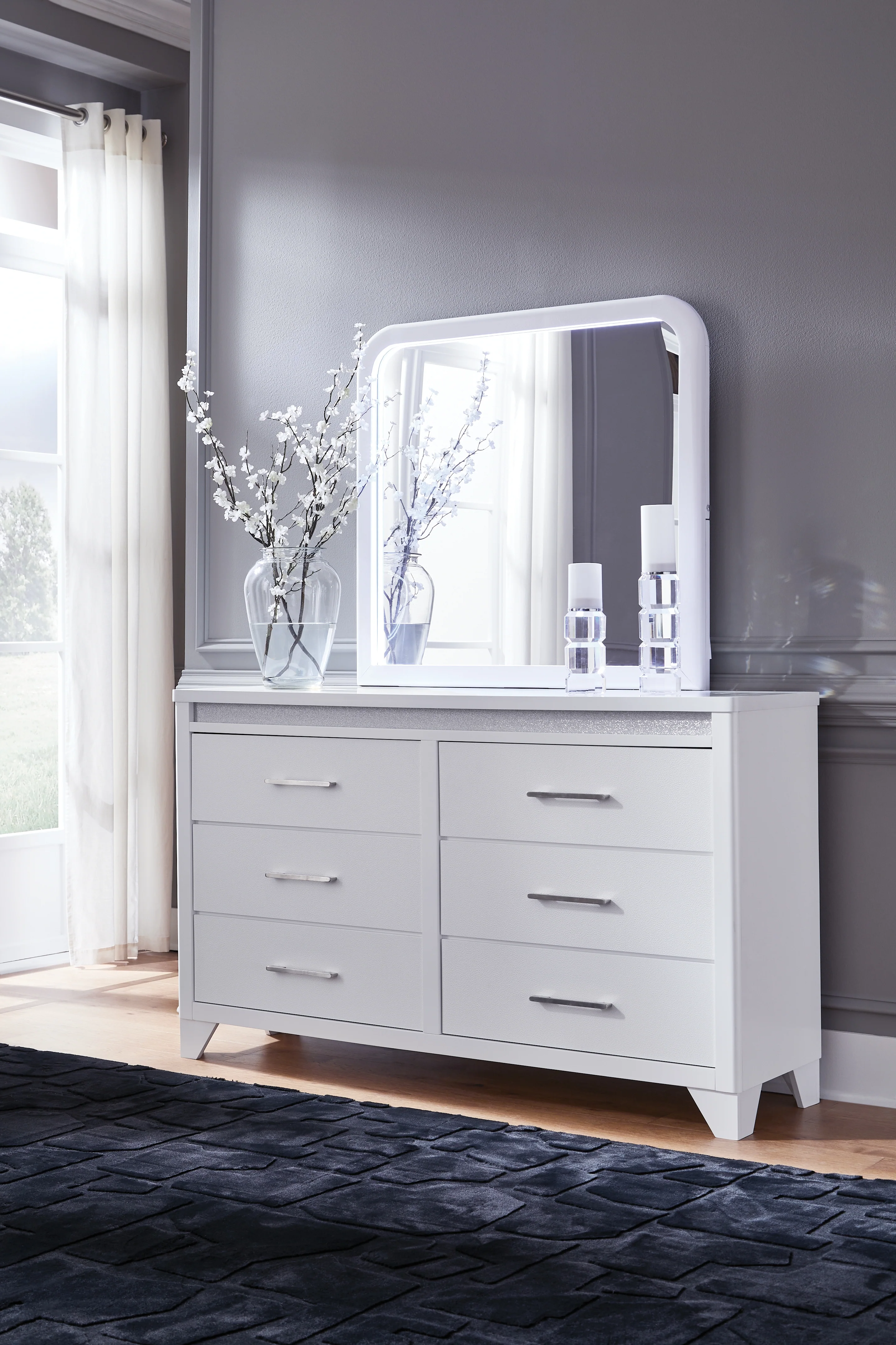 Jarlee White Queen Upholstered Panel Bed, Dresser and Mirror (Online Special Price) - Image 4