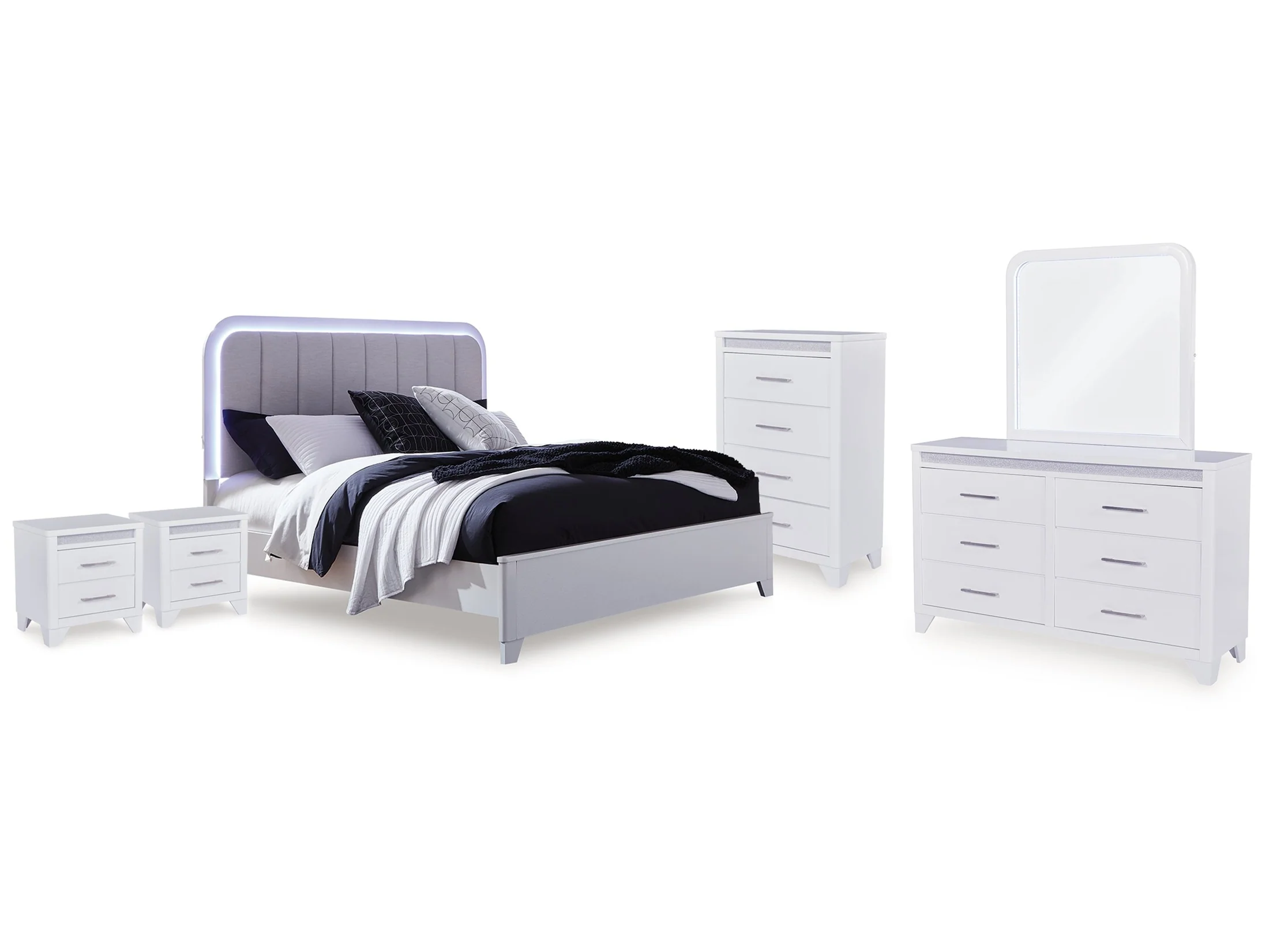 Jarlee White Queen Upholstered Panel Bed, Dresser, Mirror, Chest and 2 Nightstands