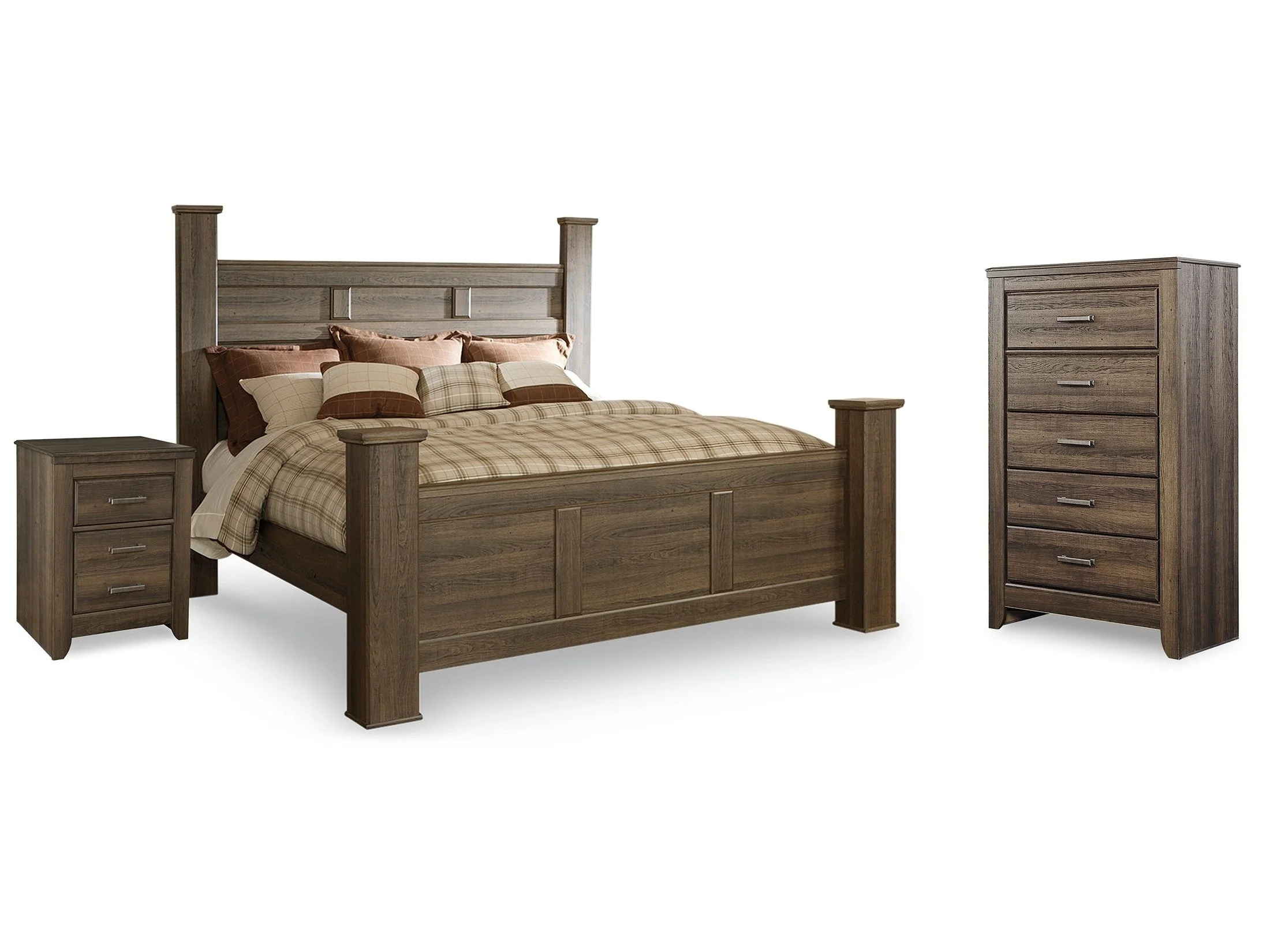 Juararo Dark Brown King Poster Bed, Chest and Nightstand (Online Special Price)