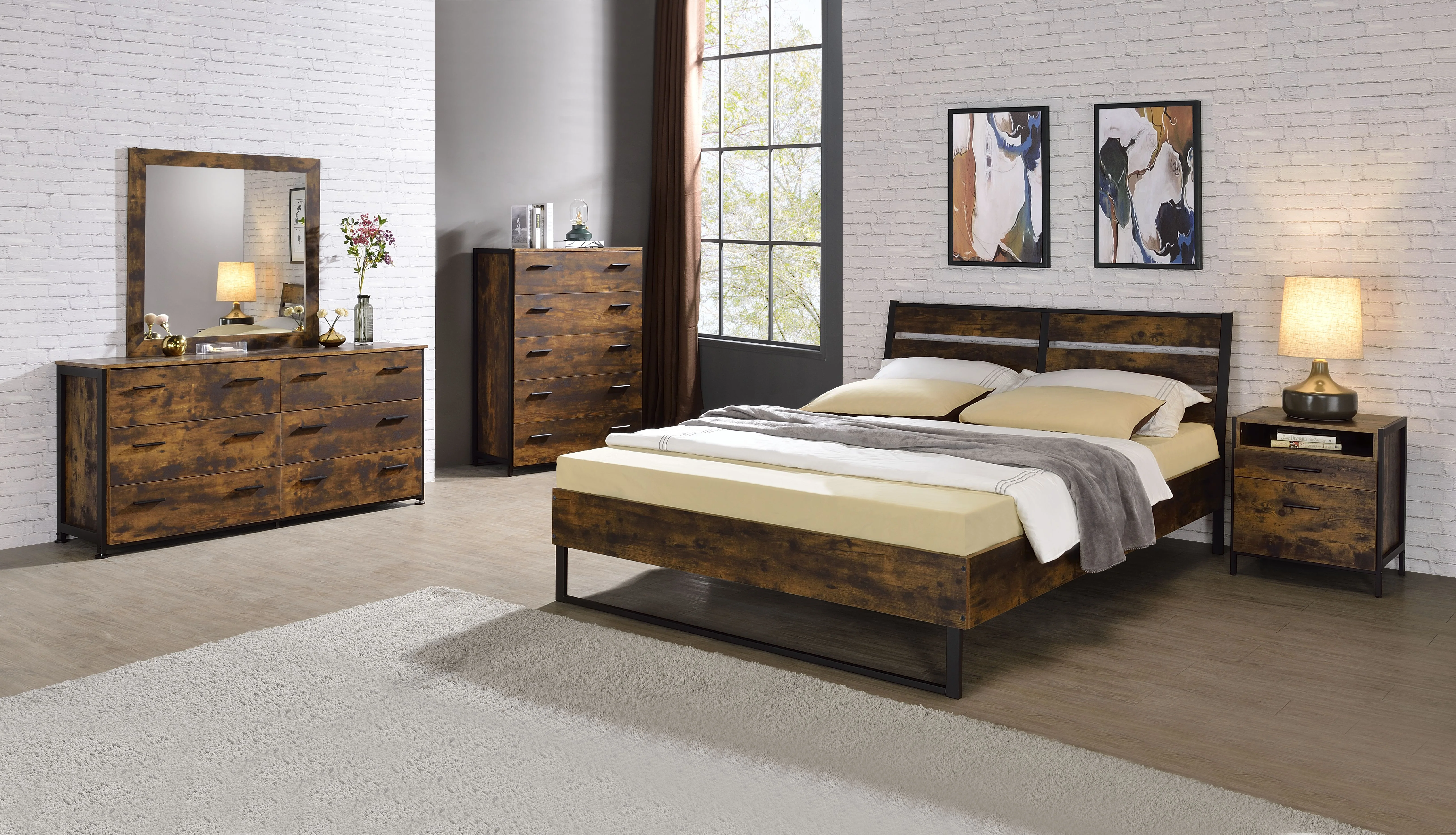Juvanth Rustic Oak & Black Finish Bed Frame - Image 3