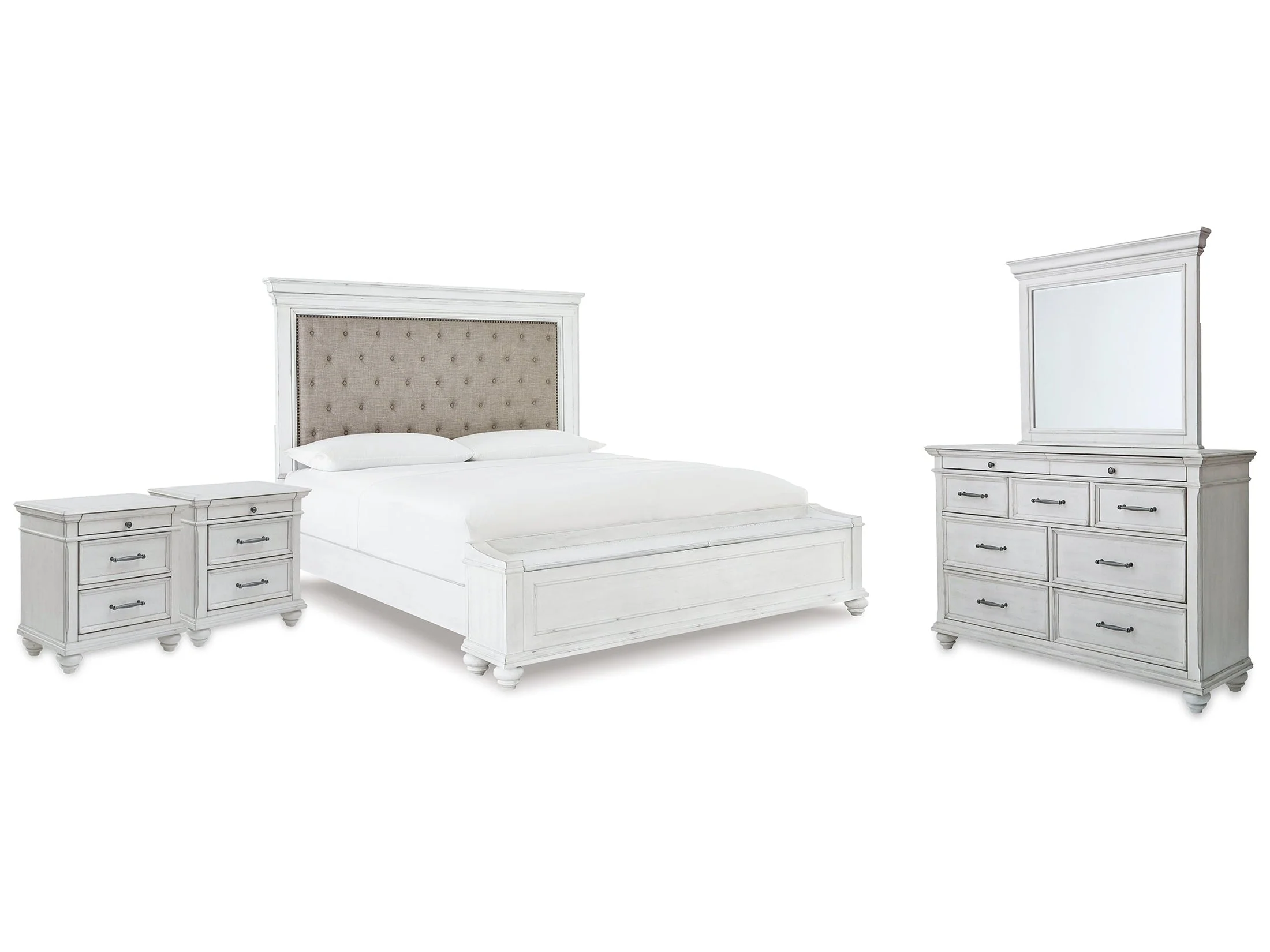 Kanwyn Whitewash King Panel Bedroom Set with Dresser, Mirror and 2 Nightstands (Online Special Price)