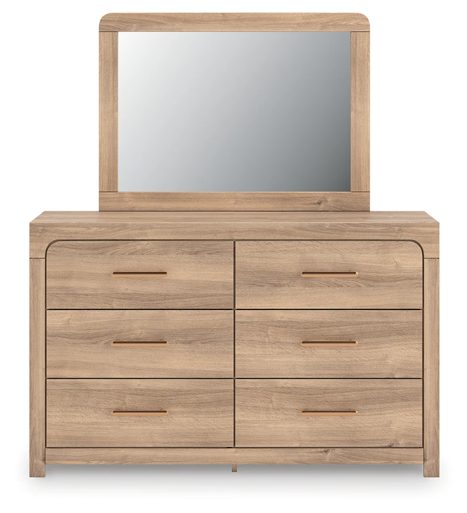 Kinlanni Tan/Brown Queen Upholstered Panel Bed, Dresser and Mirror (Online Special Price) - Image 2