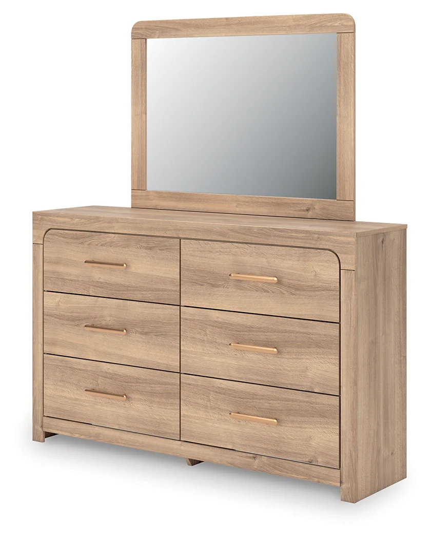 Kinlanni Tan/Brown Queen Upholstered Panel Bed, Dresser and Mirror (Online Special Price) - Image 8