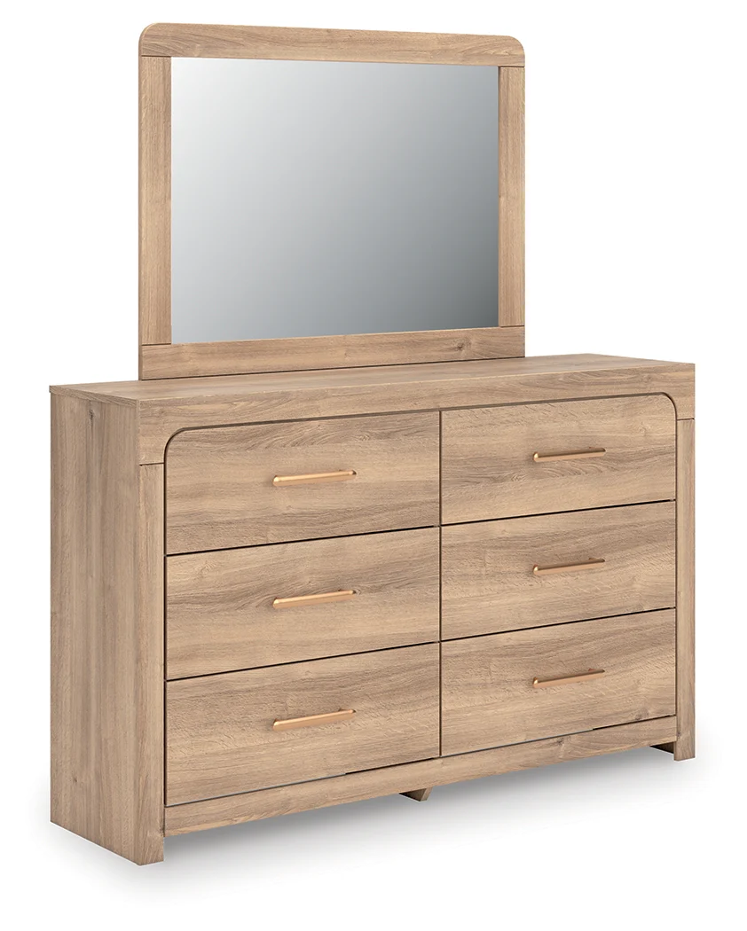 Kinlanni Tan/Brown Queen Upholstered Panel Bed, Dresser and Mirror - Image 3