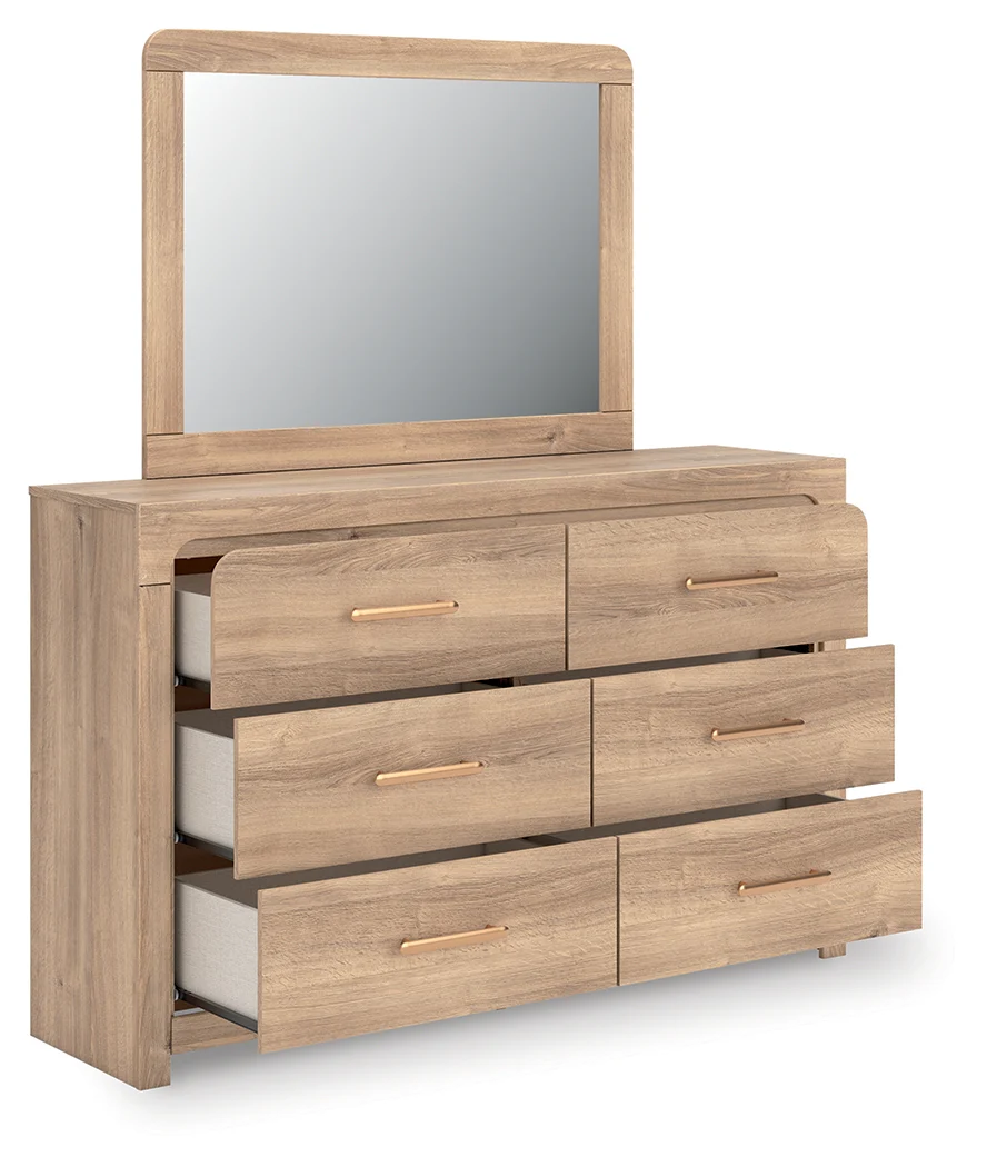 Kinlanni Tan/Brown Queen Upholstered Panel Bed, Dresser and Mirror - Image 4
