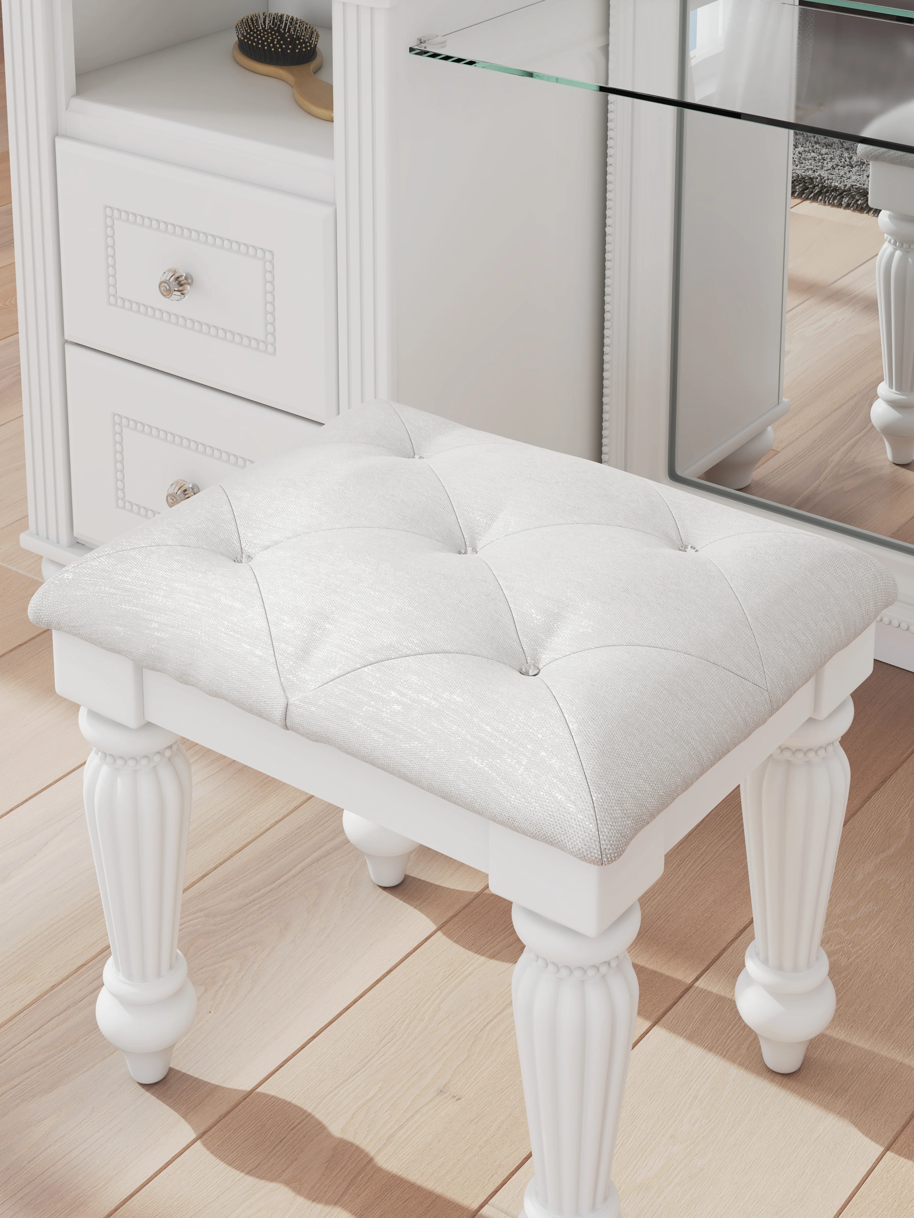 Kozlani White Vanity, Mirror and Stool - Image 14