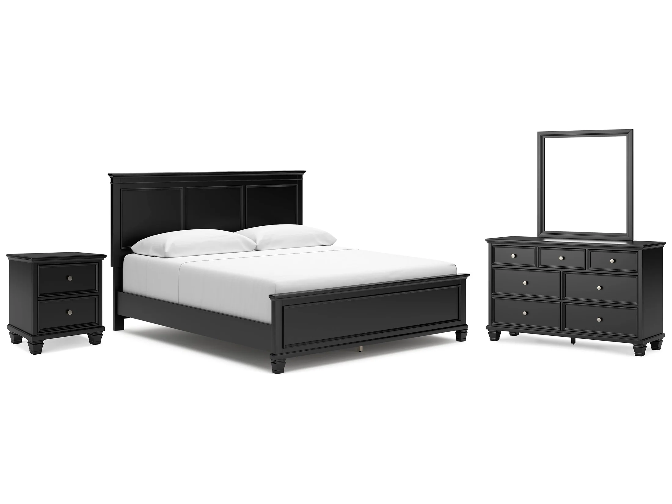 Lanolee Black King Panel Bed, Dresser, Mirror and Nightstand