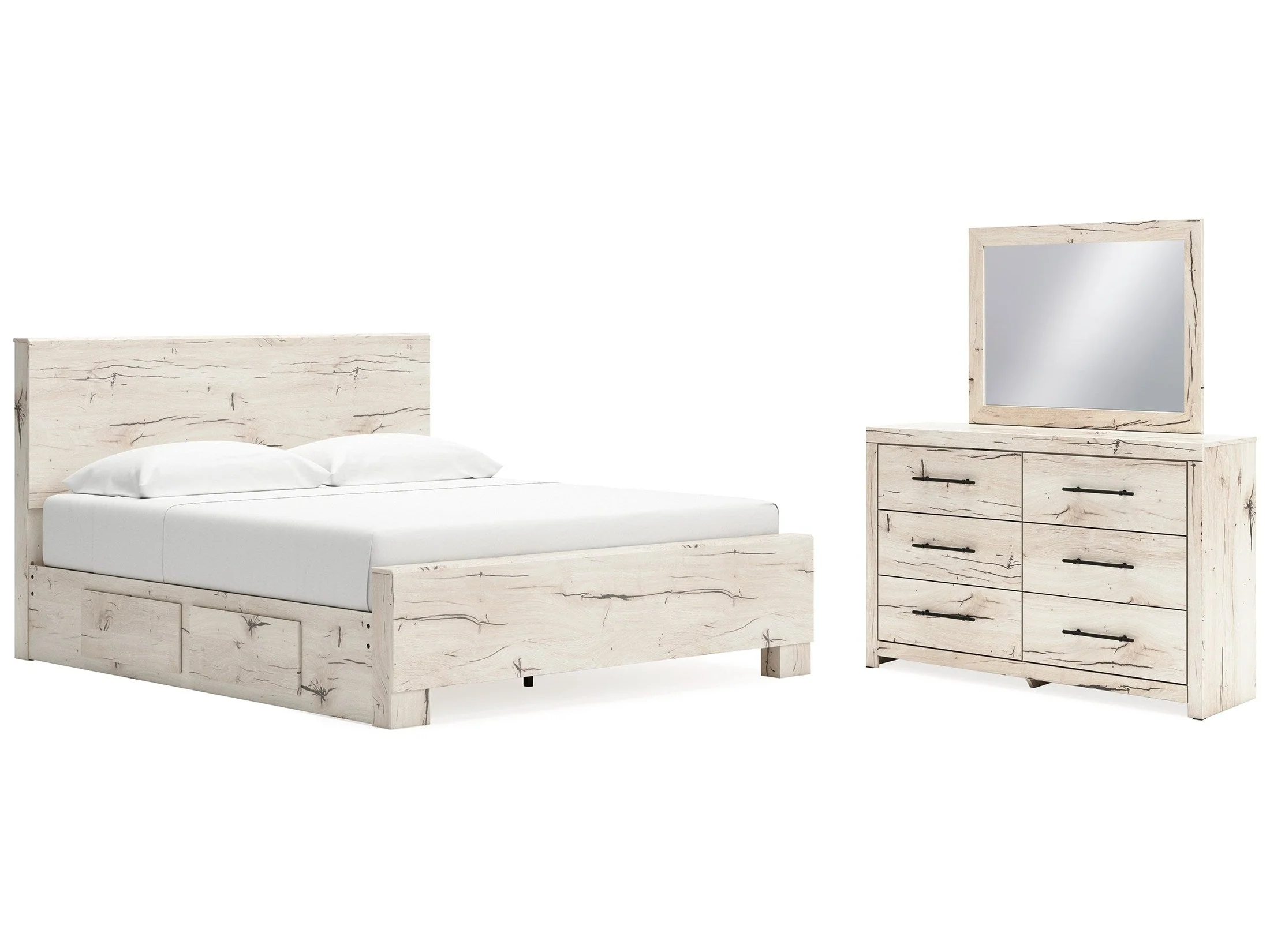Lawroy Light Natural King Panel Bed w/Storage & Dresser & Mirror (Online Special Price)