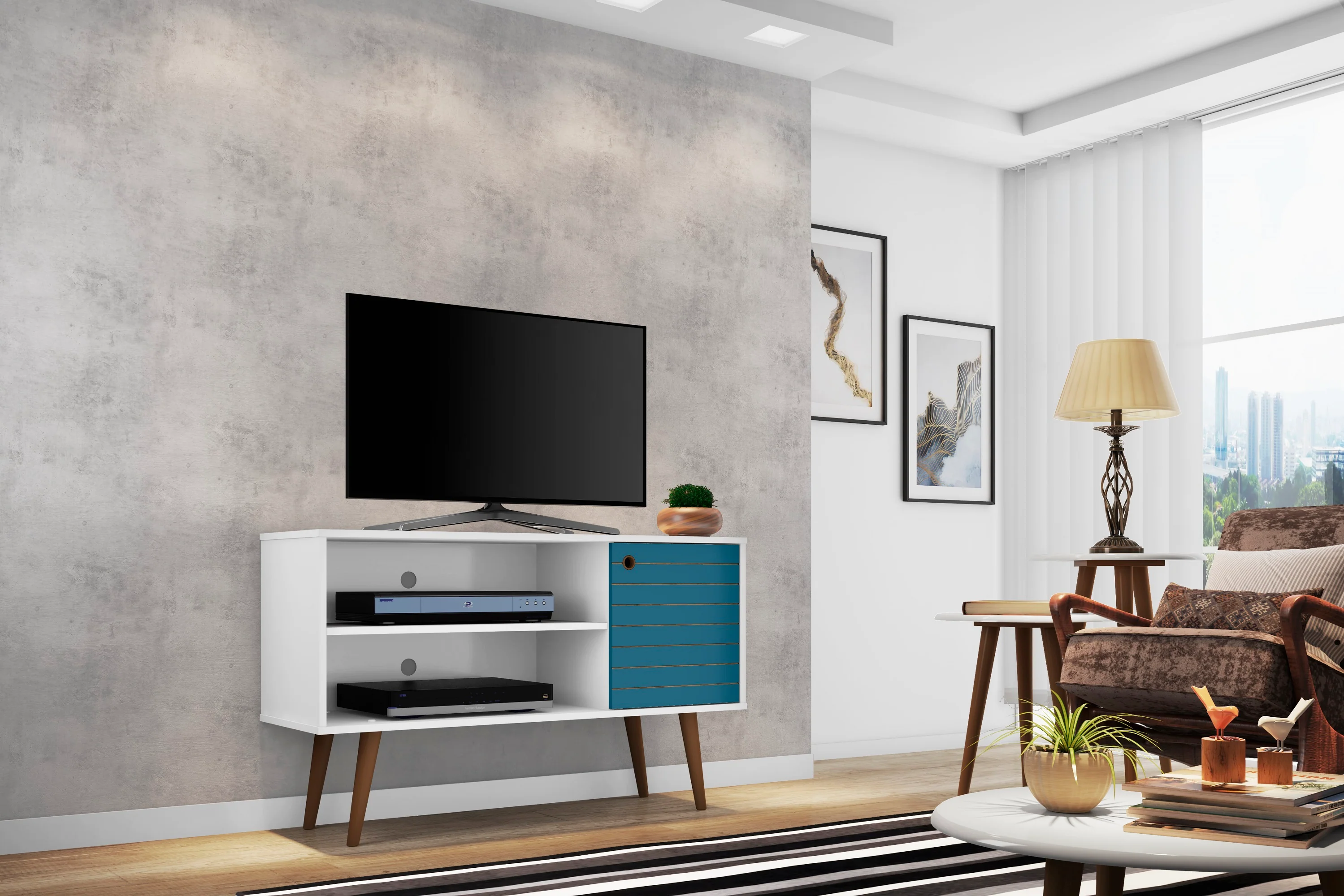 Liberty 42.52 TV Stand in White and Aqua Blue - Image 2