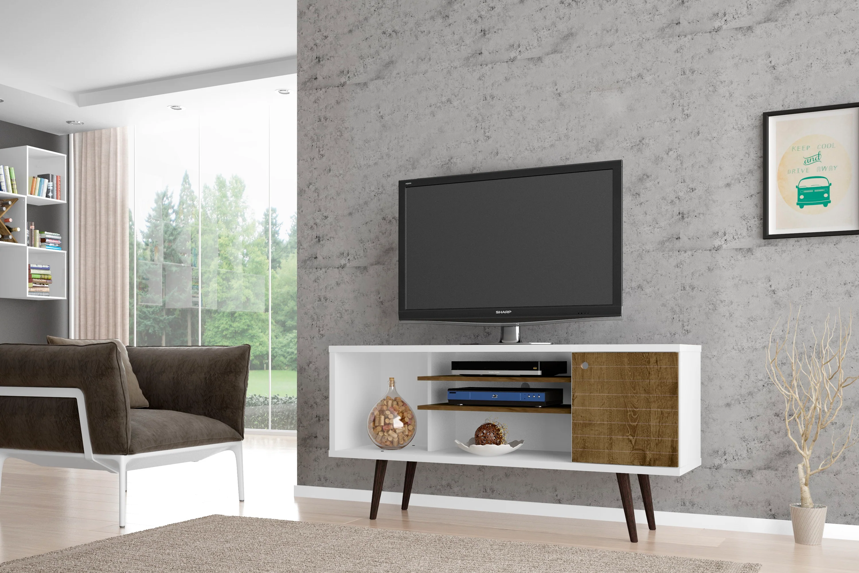 Liberty 53.14" Mid-Century Modern TV Stand in White and Rustic Brown - Image 2