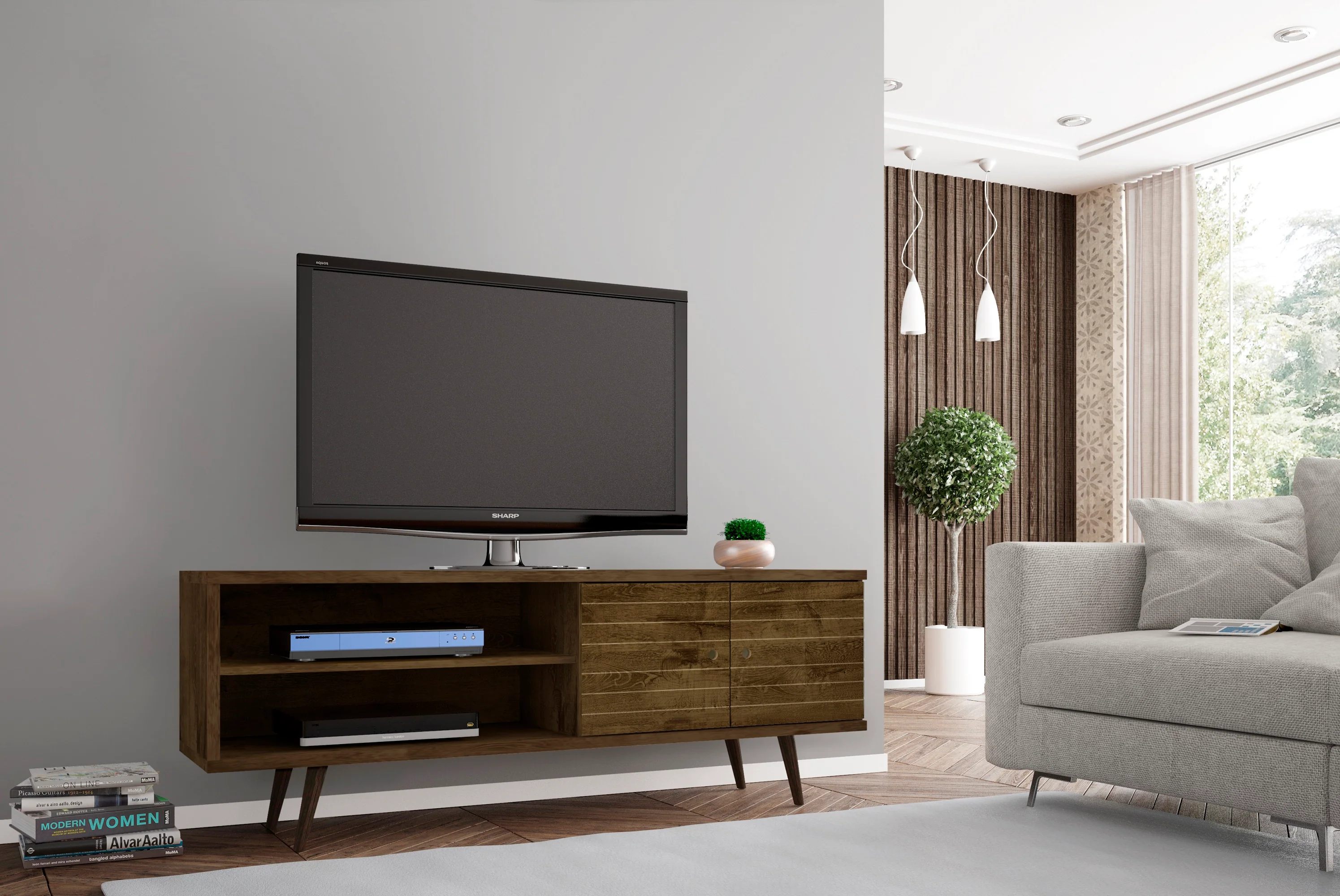 Liberty 62.99" Mid-Century Modern TV Stand in Rustic Brown - Image 2