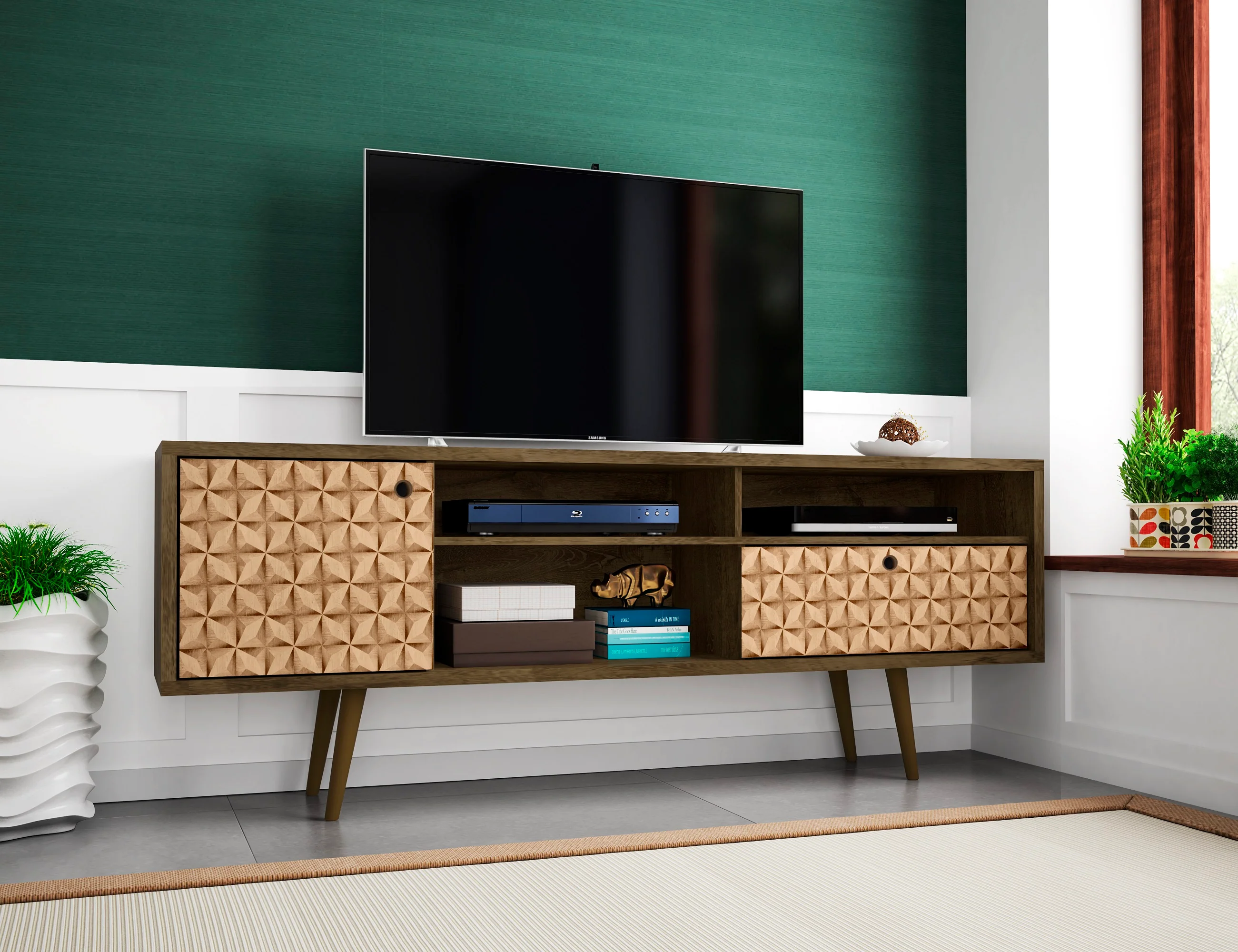 Liberty 70.86" Mid-Century Modern TV Stand in Rustic Brown and 3D Brown Prints - Image 2
